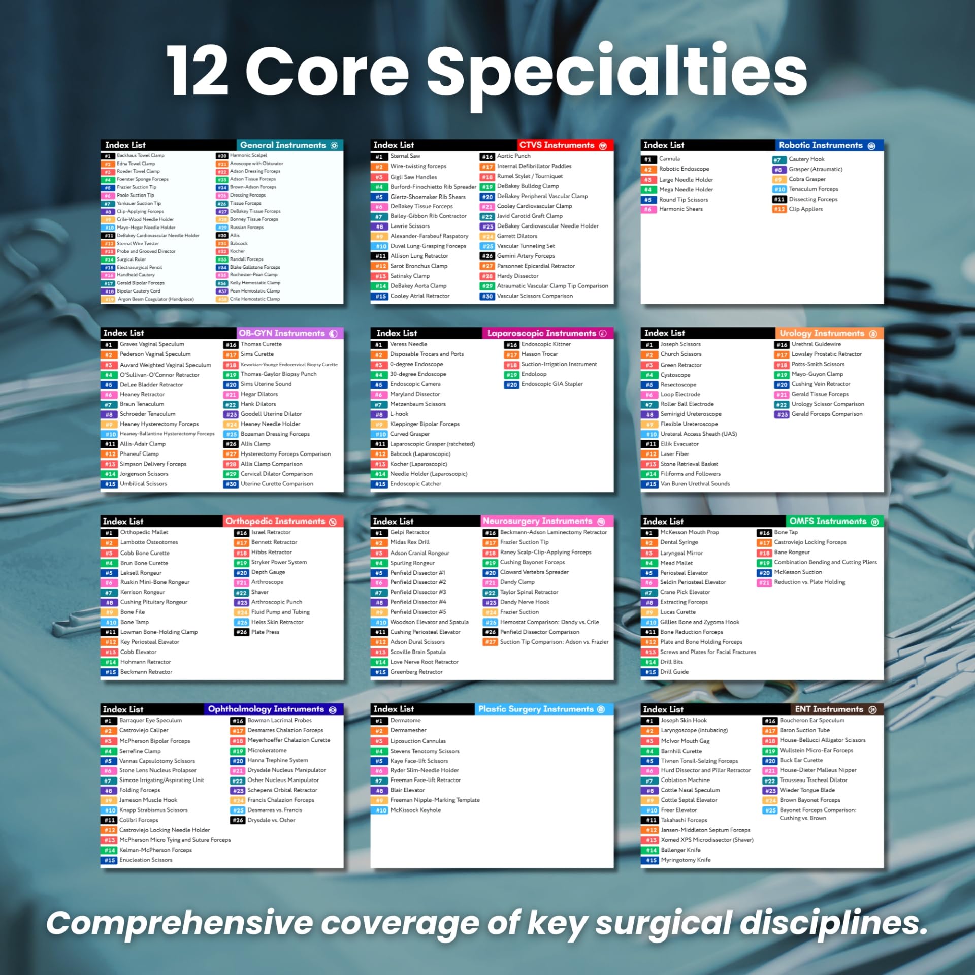 Surgical Instruments Flashcards color-coded sections organize study across 12 specialties