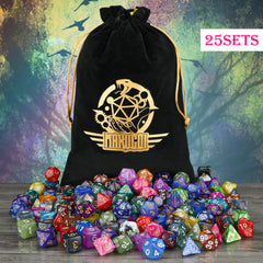 Colorful Surhugvy DND dice on a table ready for RPG campaign.