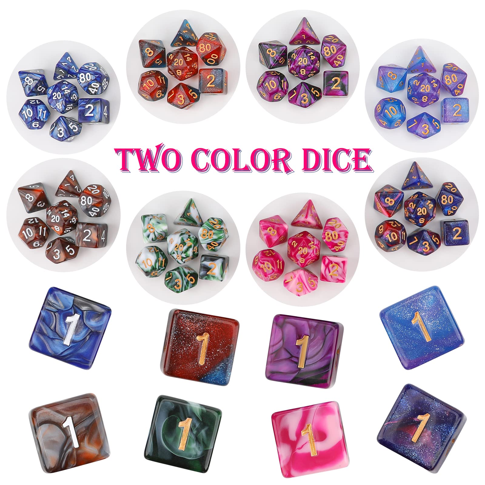 Surhugvy two-color polyhedral dice close-up with clear numerals.