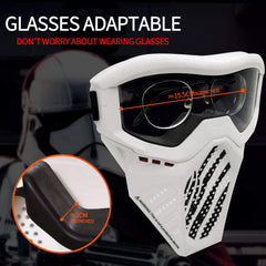 Surper mask shows sturdy ABS plastic exterior for durable, long-lasting use.