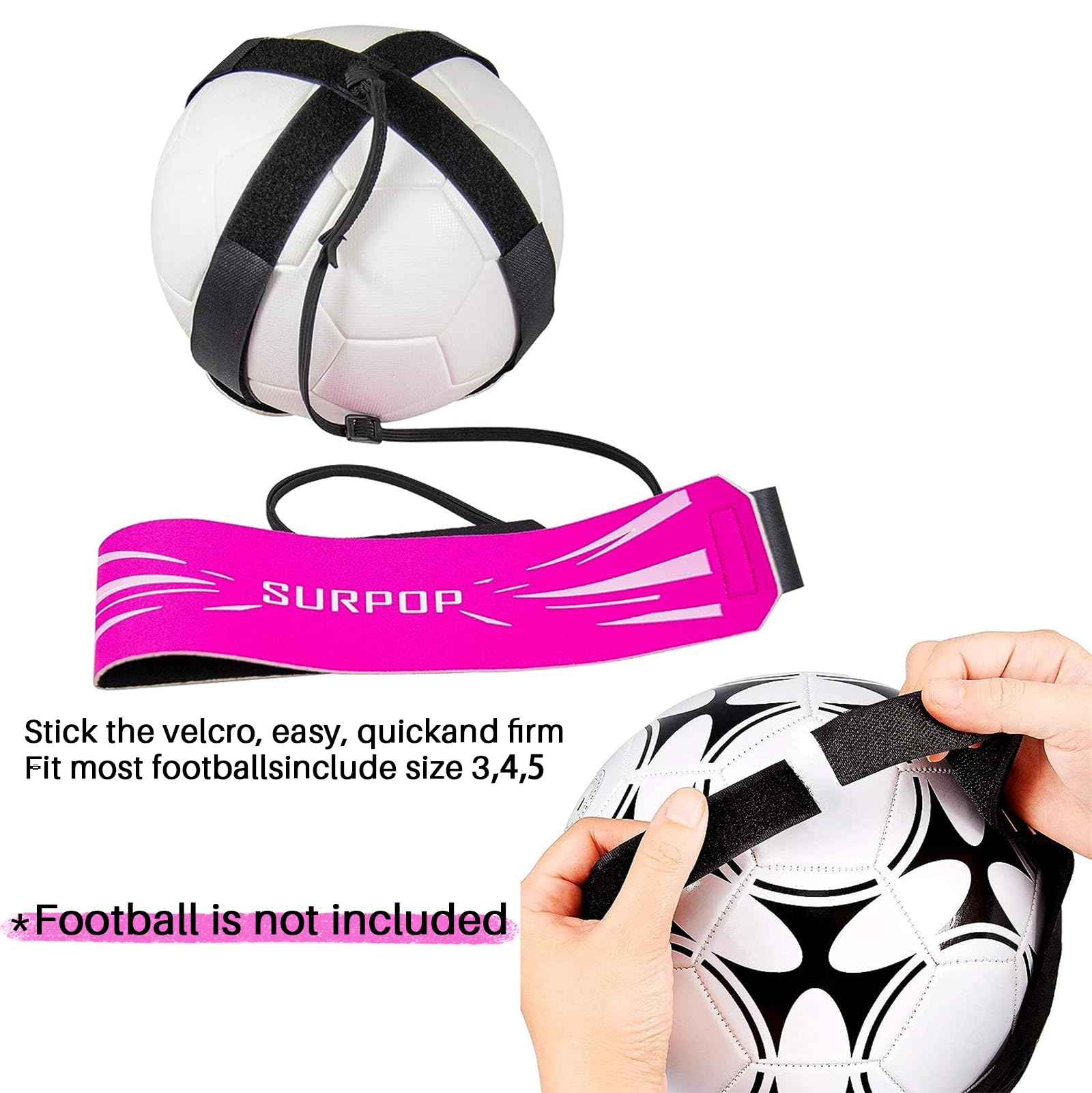 Surpop Solo Trainer supports ball sizes 3, 4, and 5 for varied drills.