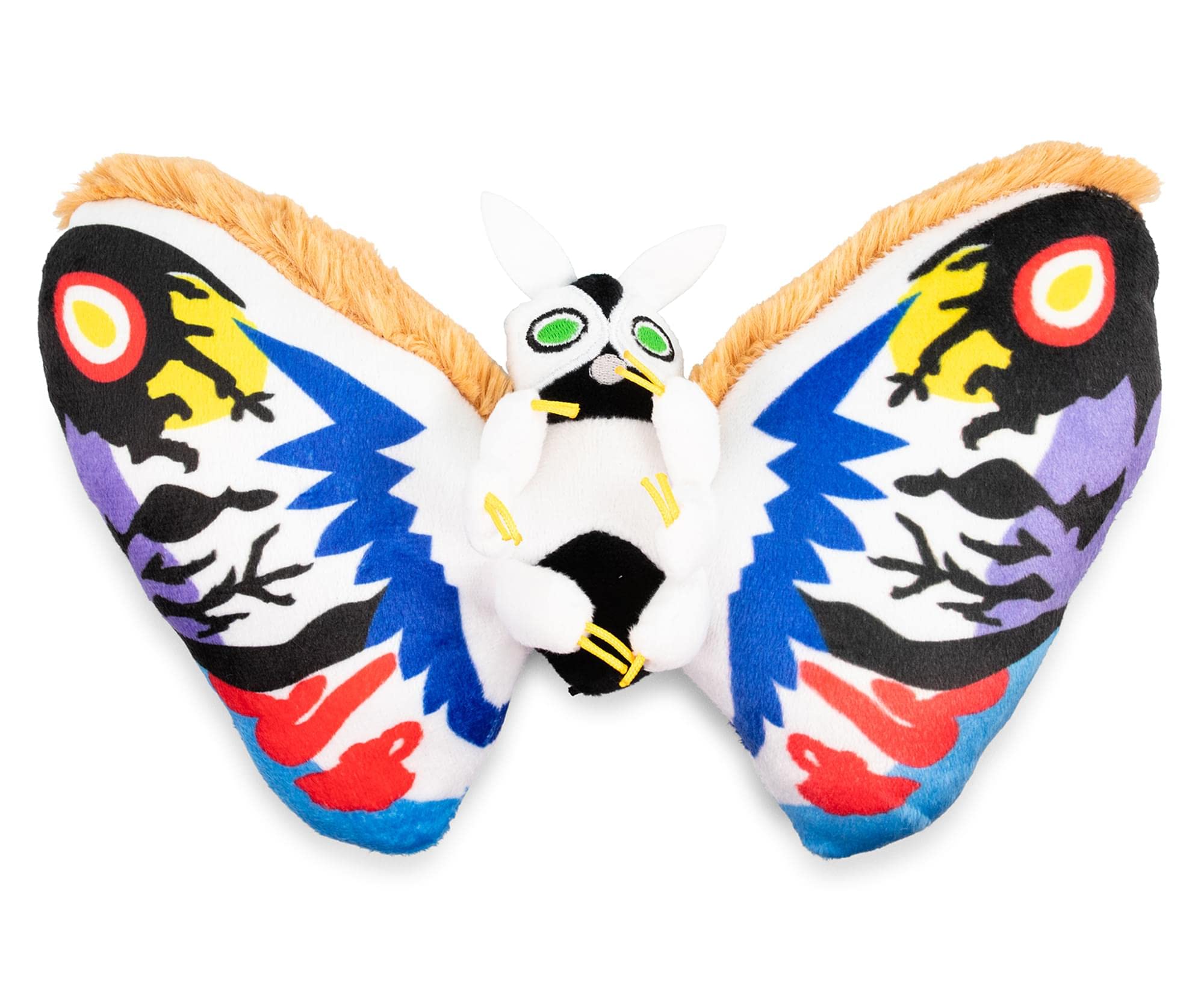 Rainbow Mothra plush face captures iconic kaiju charm for fans.
