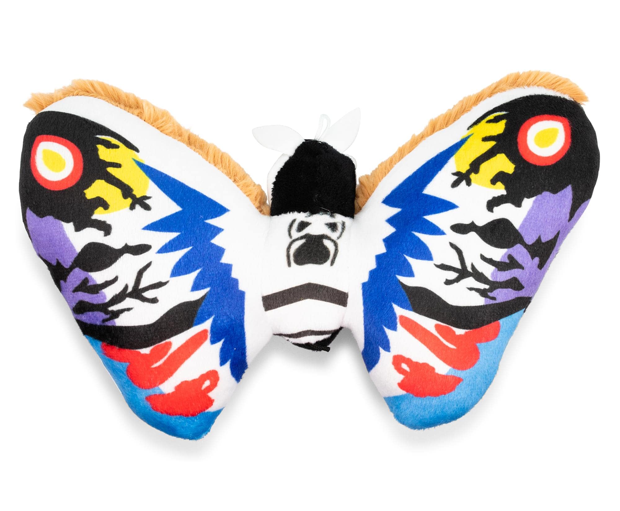 Soft faux fur texture on Rainbow Mothra plush invites cozy hugs.