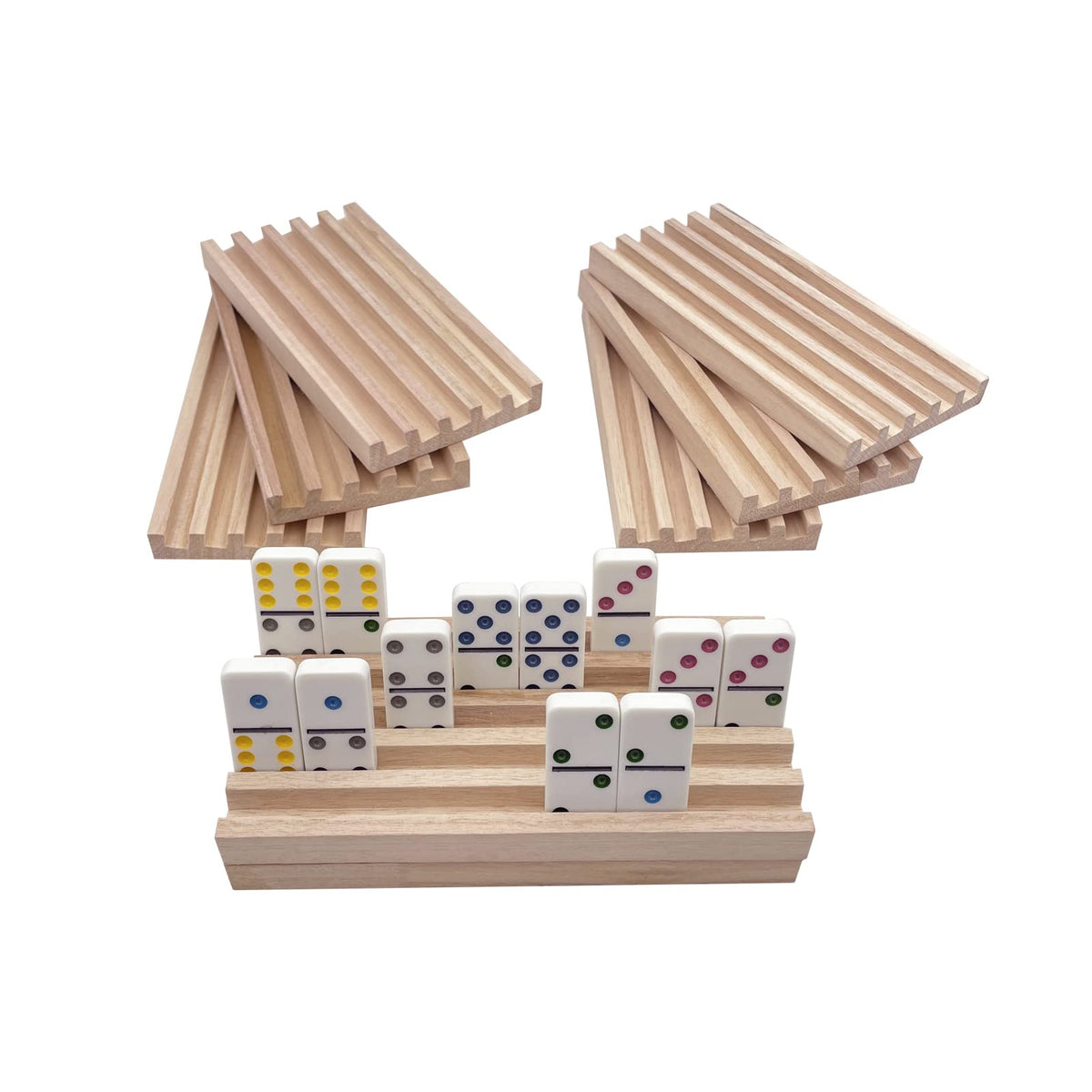 SUTIMSHE Mexican Train trays in natural wood set of eight for organized play