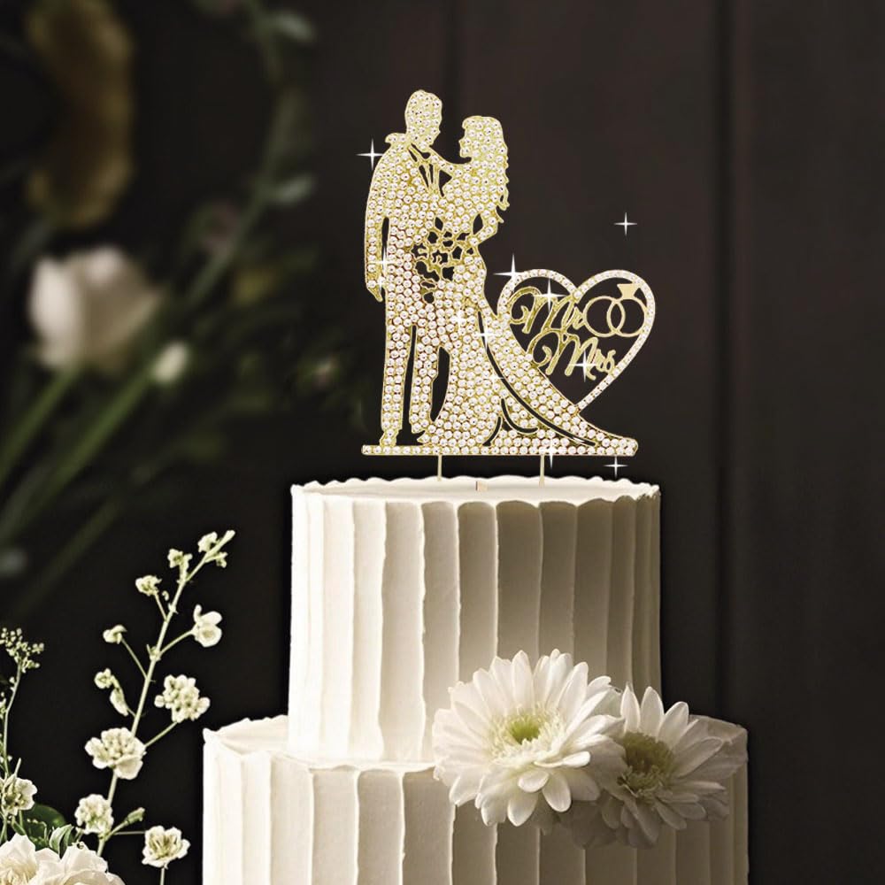 SUVO gold Mr and Mrs heart silhouette topper for timeless romance on your cake
