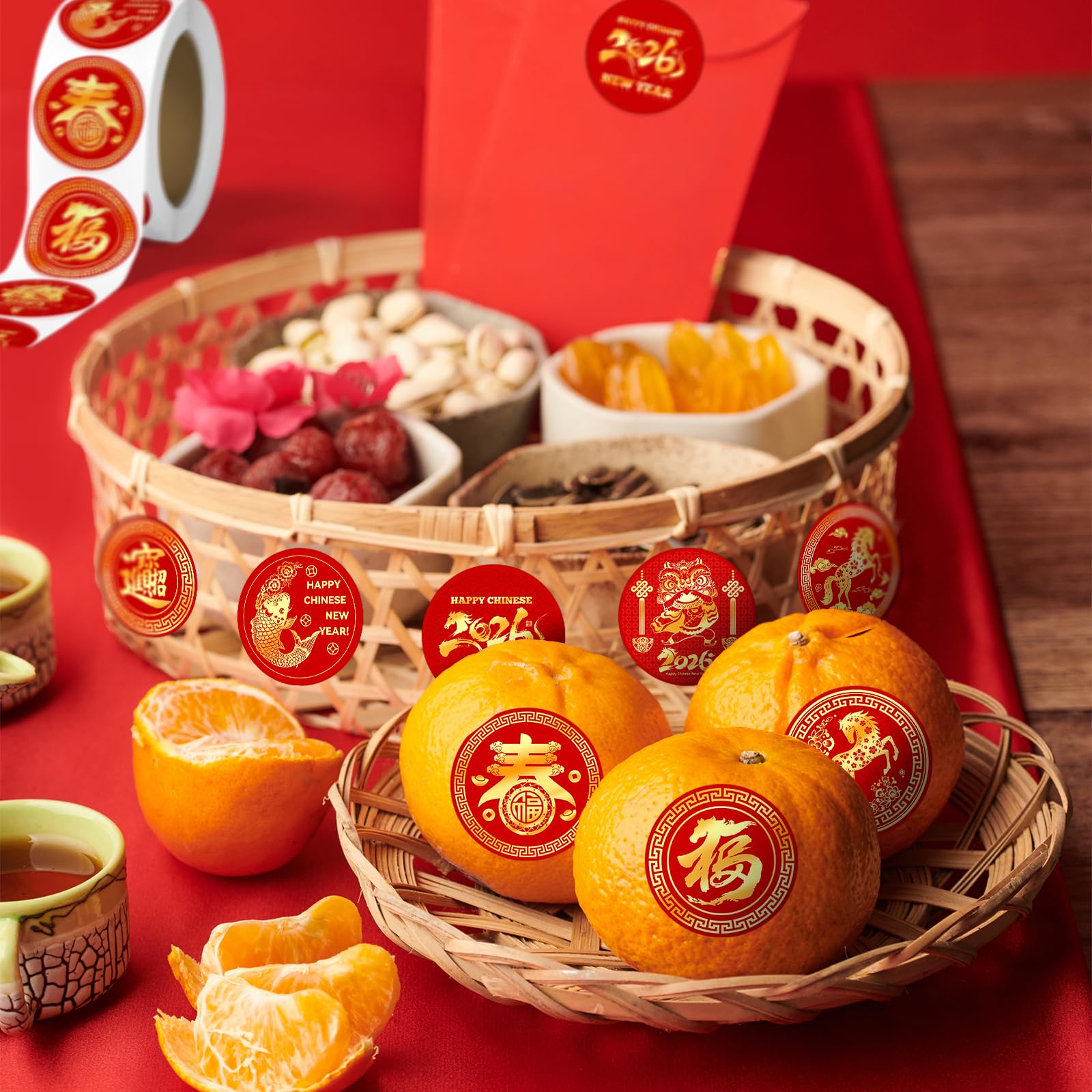 Suzkoqo Chinese New Year stickers roll 500pcs, full pack shows varied designs for crafts.