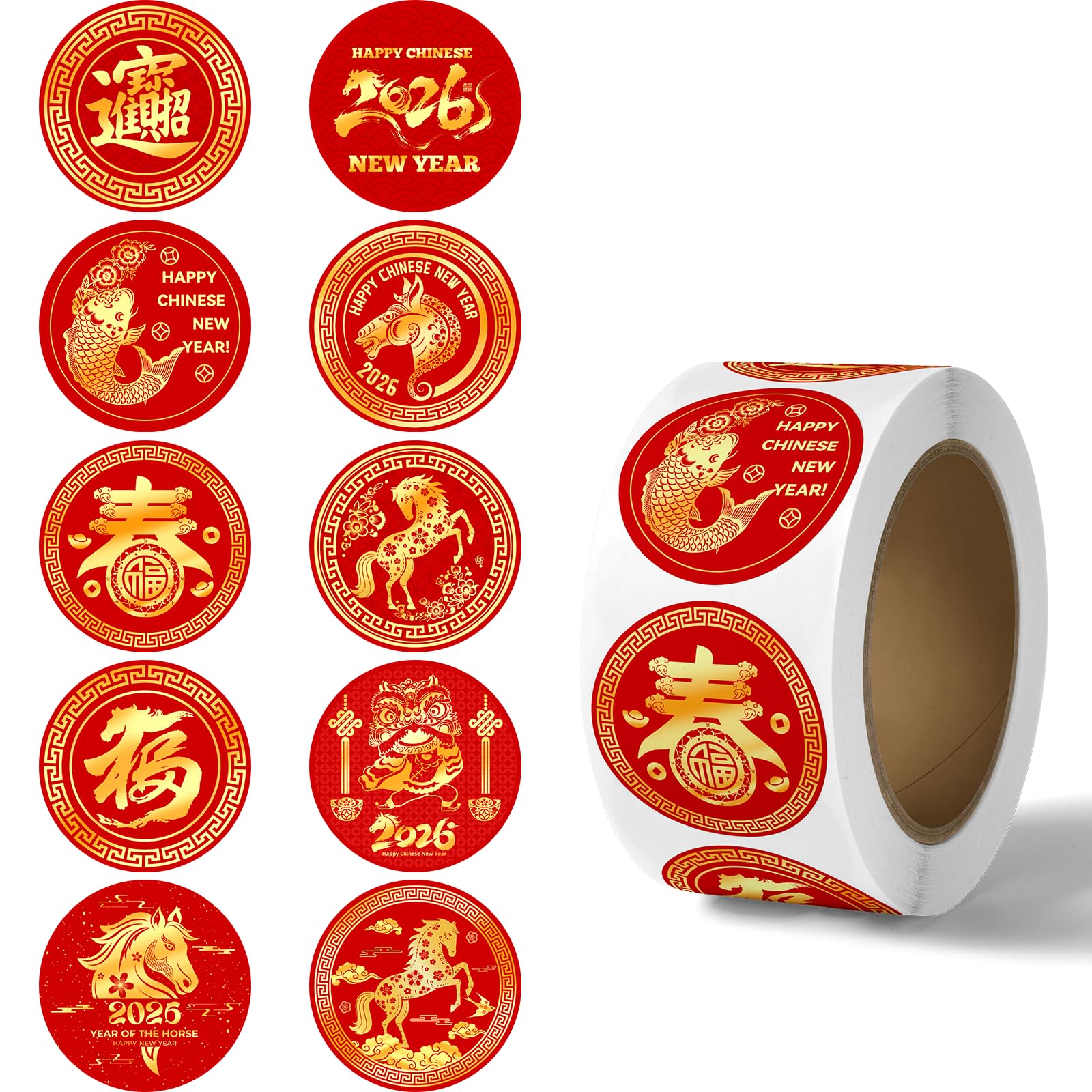 Suzkoqo Chinese New Year stickers roll 500pcs, side view, convenient count for gift sealing.