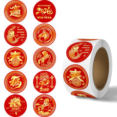 Suzkoqo Chinese New Year stickers roll 500pcs, side view, convenient count for gift sealing.