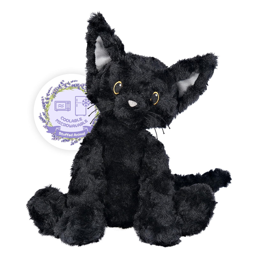 SuzziPals black cat plush with microwave heat for cozy warmth and comfort.