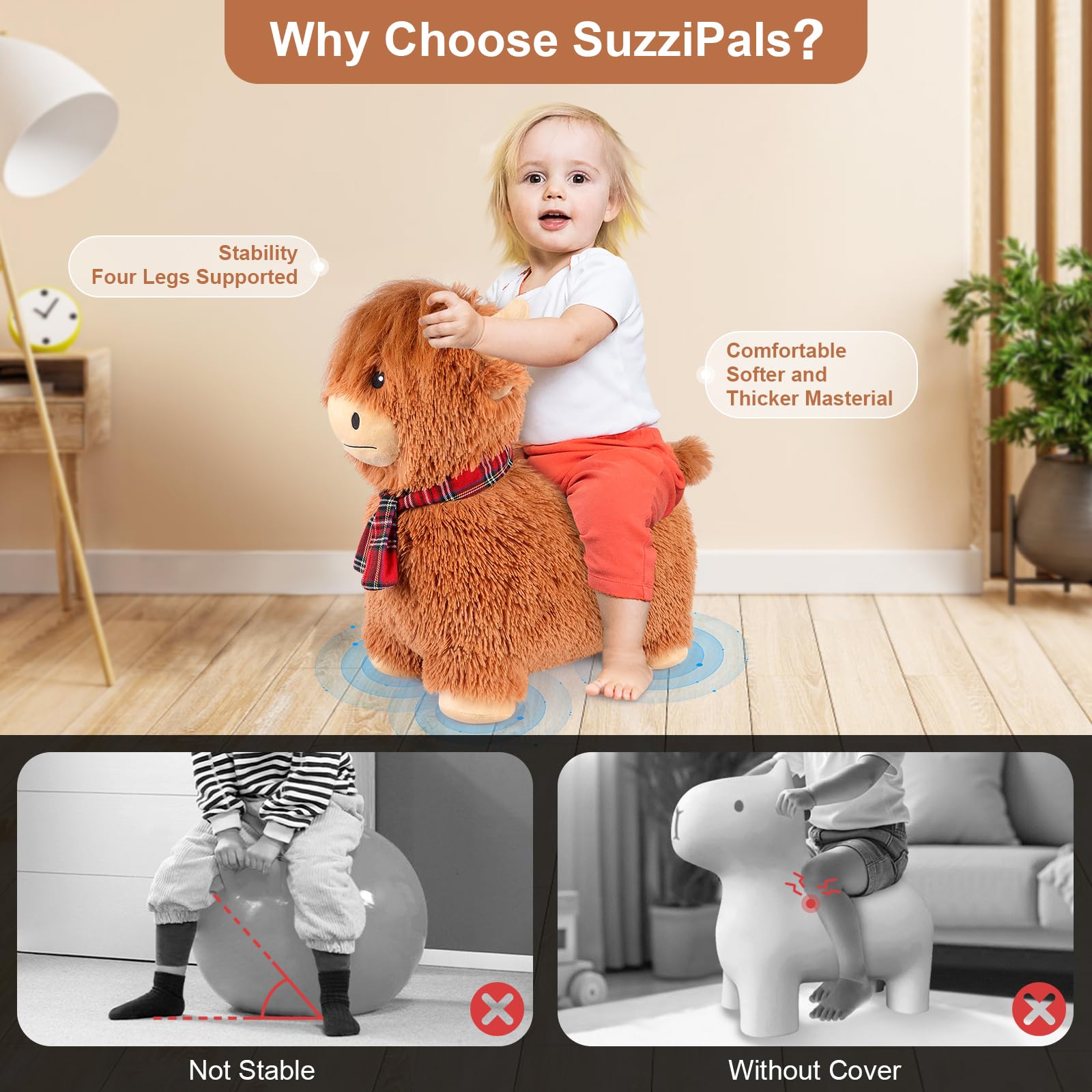 SuzziPals Bouncy Highland Cow child riding, encourages coordination during playful indoor sessions