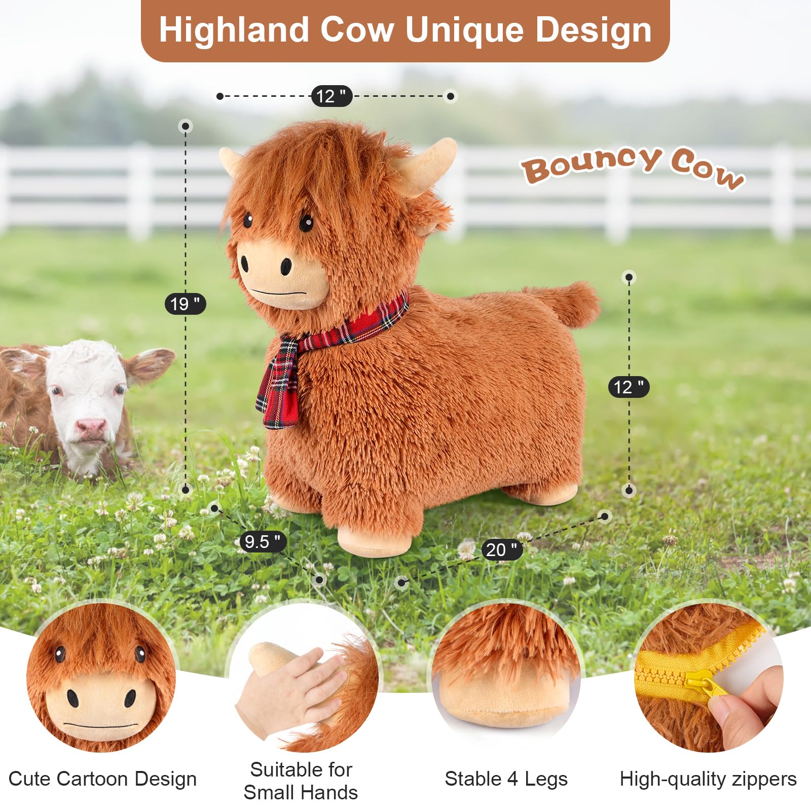 SuzziPals Bouncy Highland Cow side view, supports active play and balance for kids