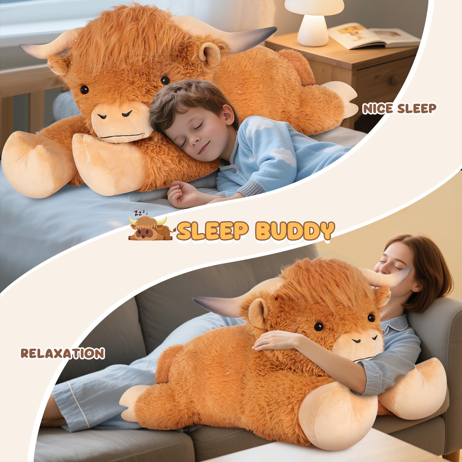 SuzziPals giant Highland cow plush on bed, ideal cuddle companion for relaxation