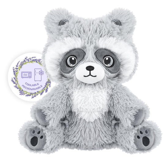 SuzziPals heatable raccoon plush in microwave heat for cozy warmth and comforting hugs.