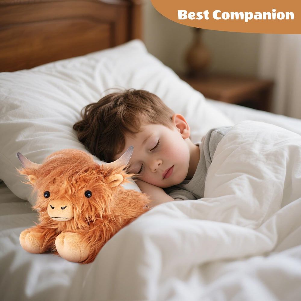 SuzziPals Highland Cow heatable plush — gentle warmth for cramps.