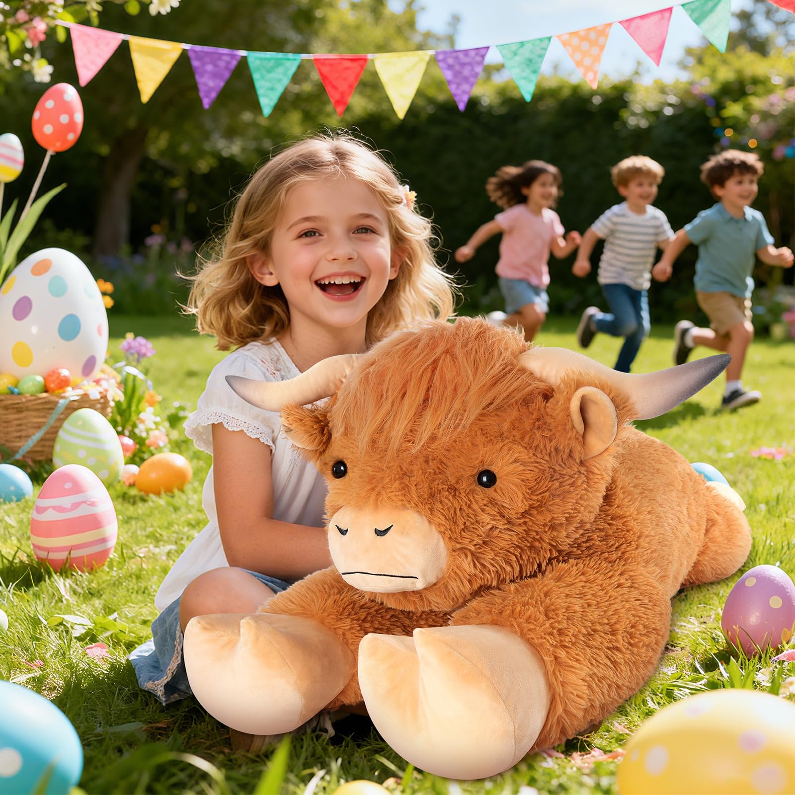 SuzziPals Highland cow plush in hugging pose, great for stress relief and comfort