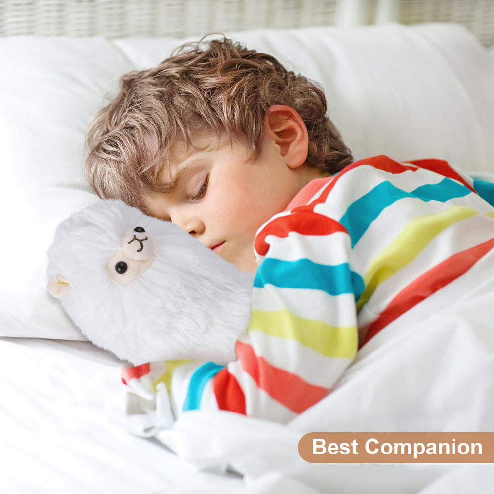 Soft SuzziPals llama plush on a bedside table as bedroom decor.
