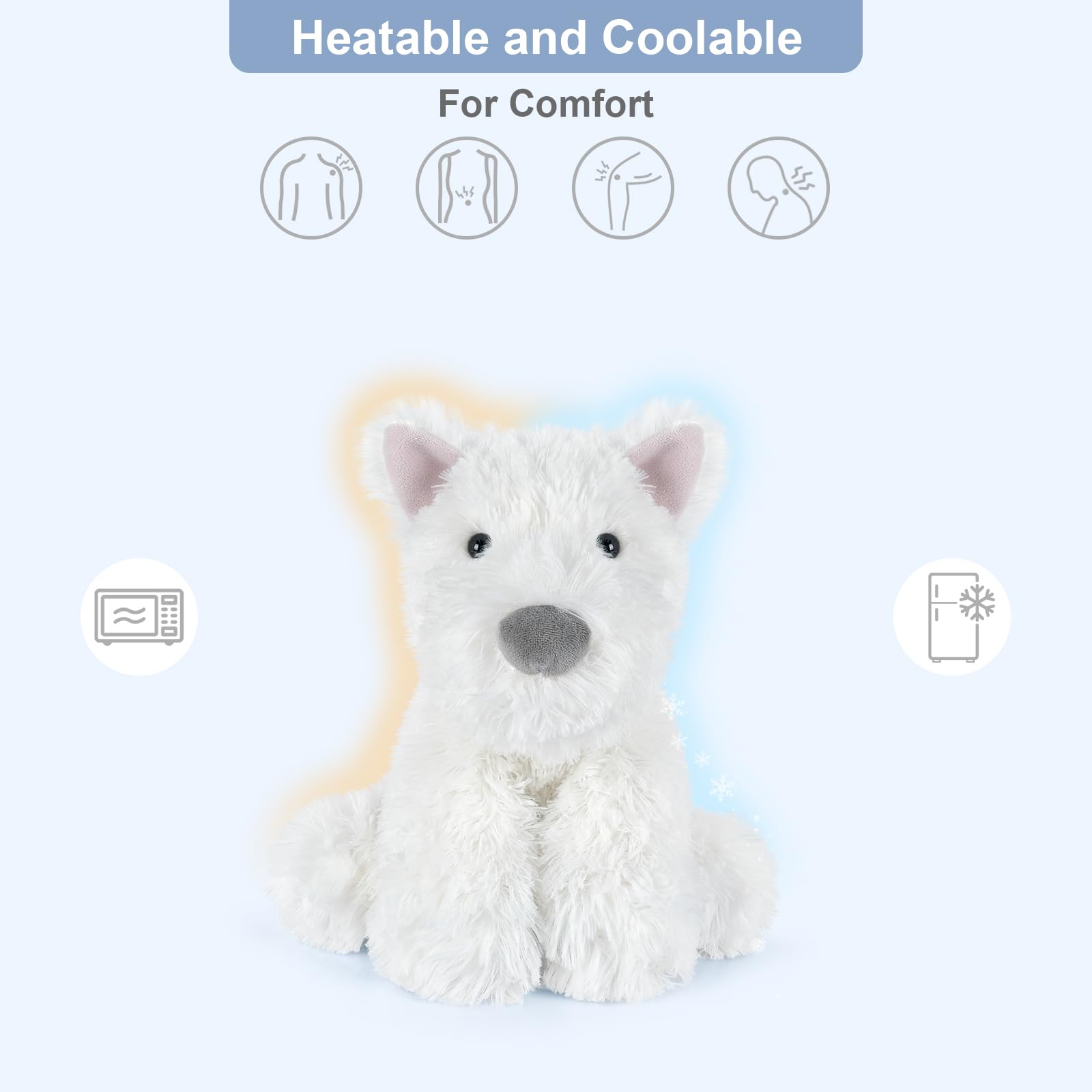SuzziPals coolable and heatable Westie plush for versatile comfort.