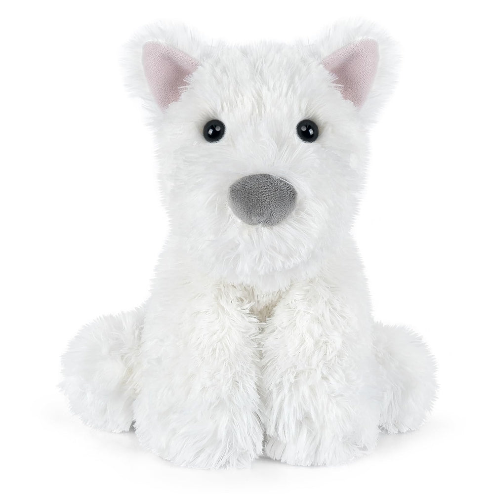 SuzziPals Westie plush heat pad in microwave for soothing warmth.