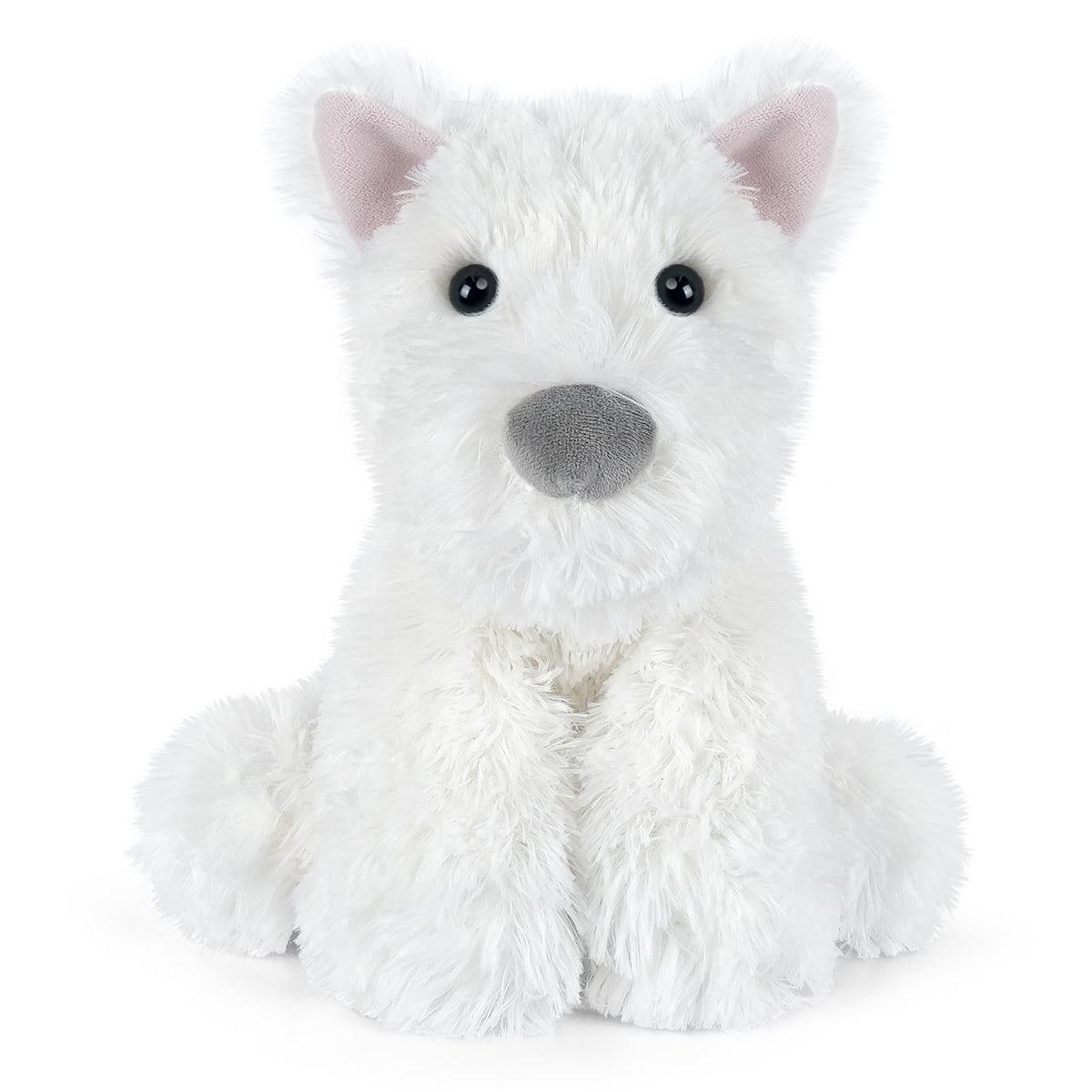 SuzziPals Westie plush heat pad in microwave for soothing warmth.