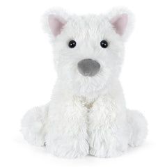 SuzziPals Westie plush heat pad in microwave for soothing warmth.