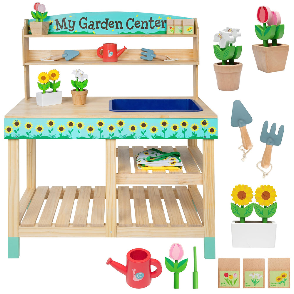 Svan Bloom & Grow garden center wooden toy set with colorful pots for imaginative play.