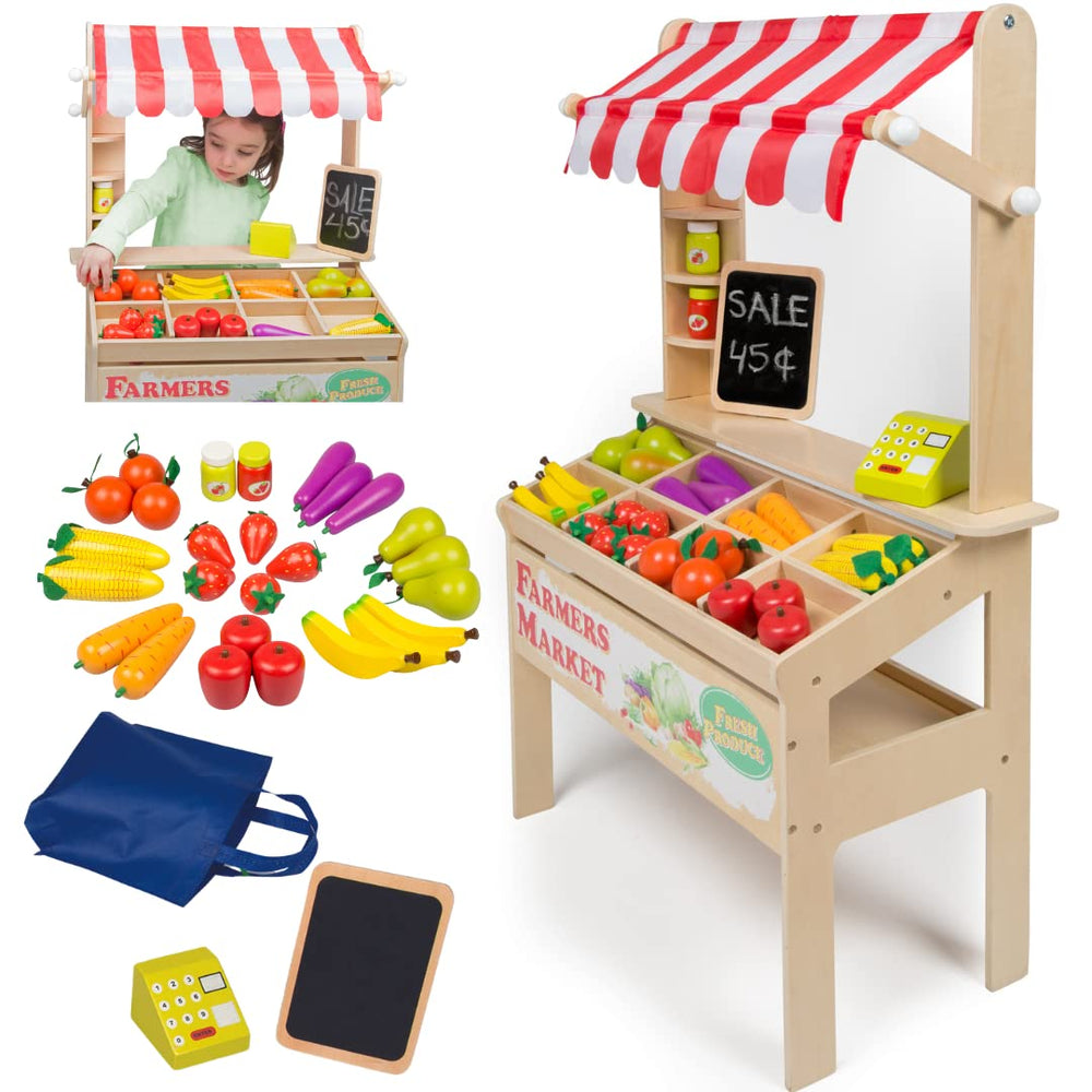Svan wooden farmers market stand encourages imaginative pretend play.