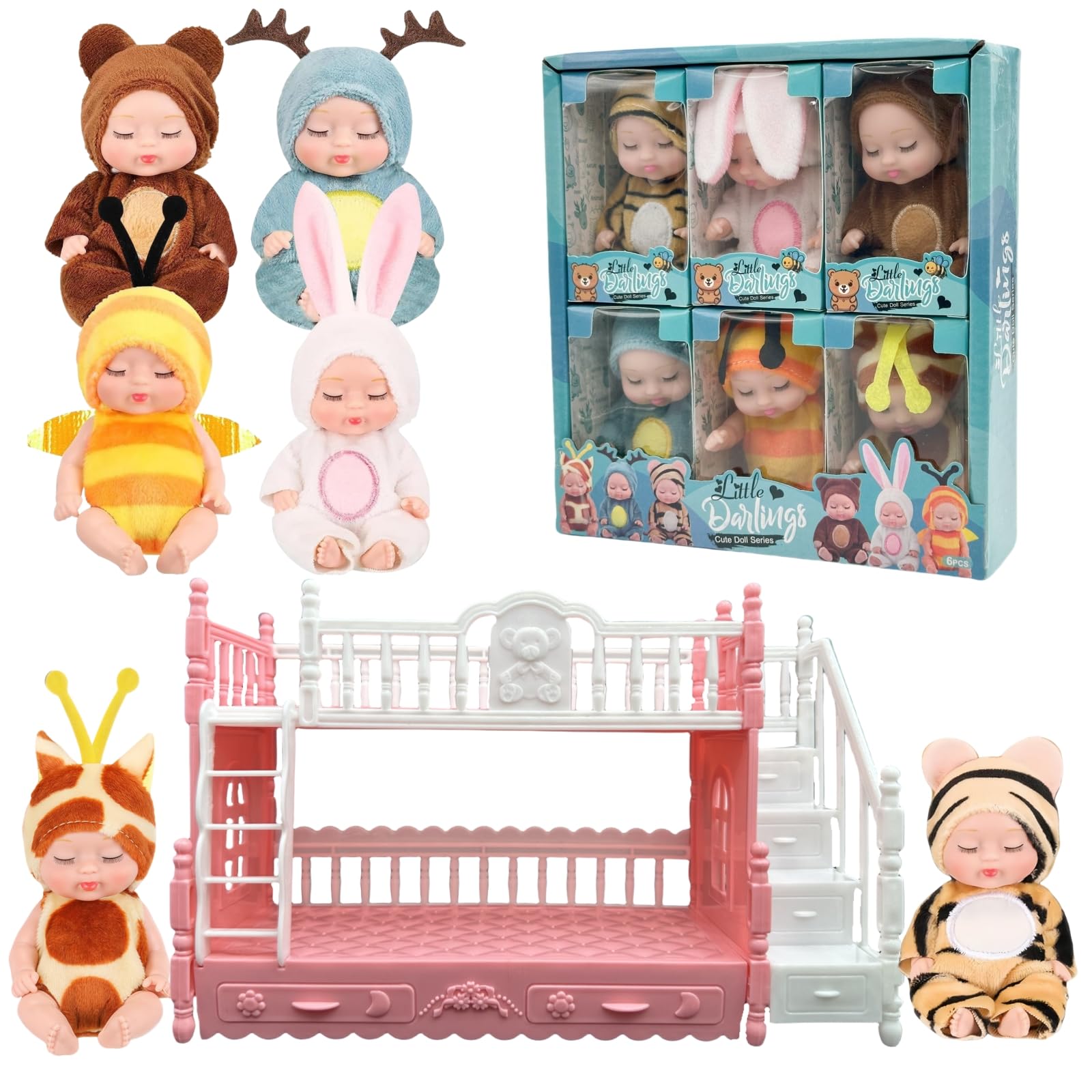 SwankyStyle mini dolls with animal outfits on a bunk bed, perfect for imaginative play.