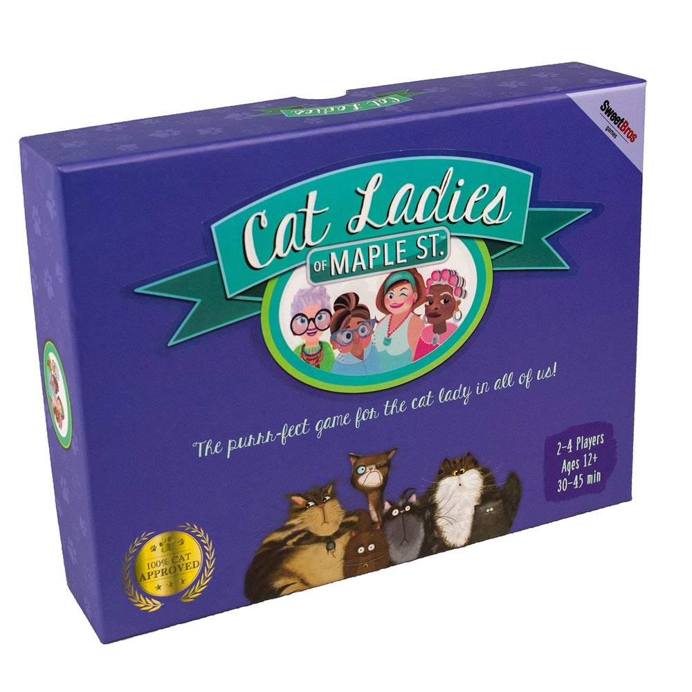 Sweet Bros Games Cat Ladies of Maple Street box art with playful cats for family game night.