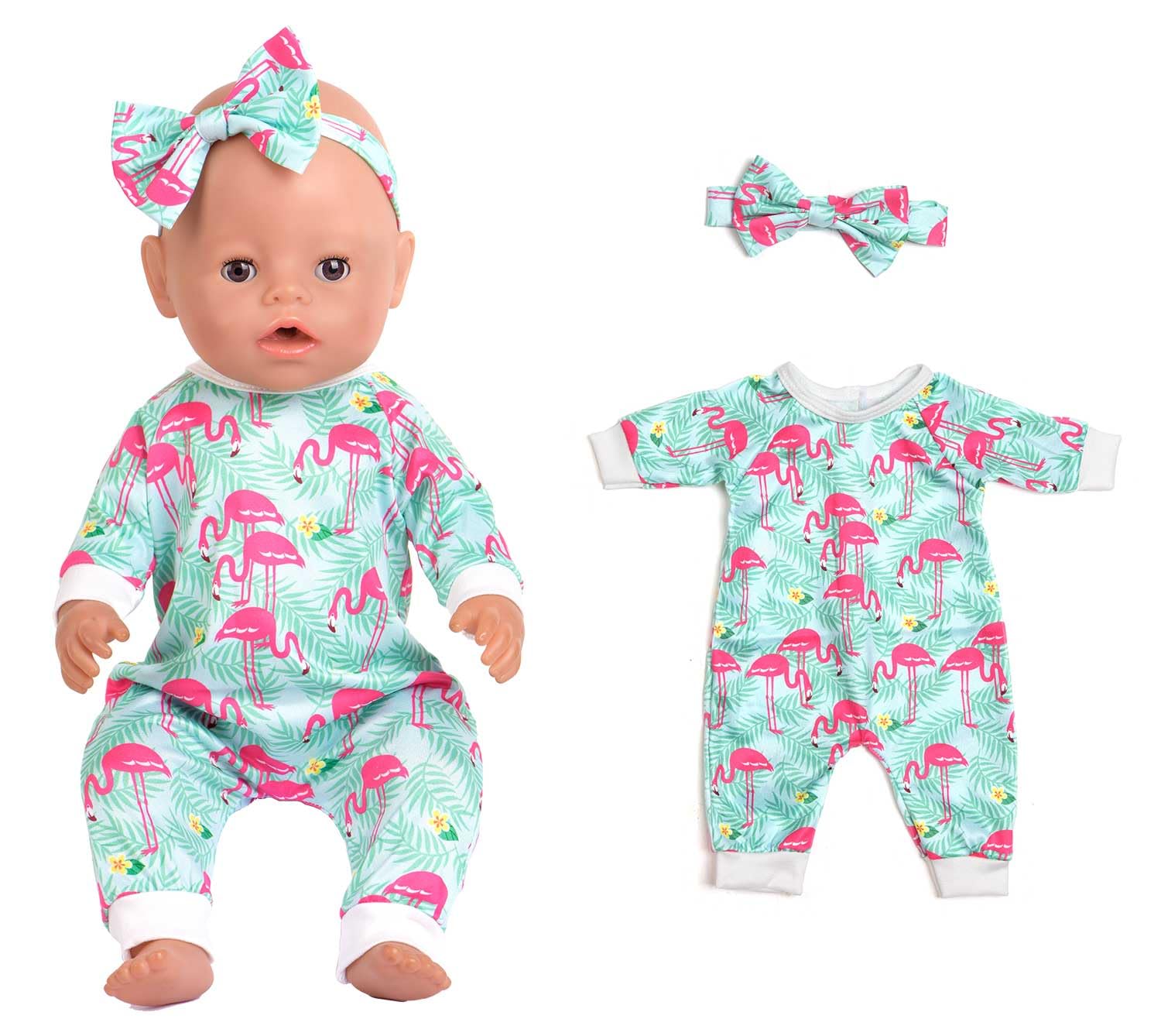 Sweet Dolly floral pattern jumpsuit with bow headband for 15-18 inch dolls, vibrant style.
