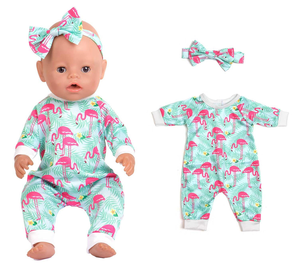 Sweet Dolly floral pattern jumpsuit with bow headband for 15-18 inch dolls, vibrant style.