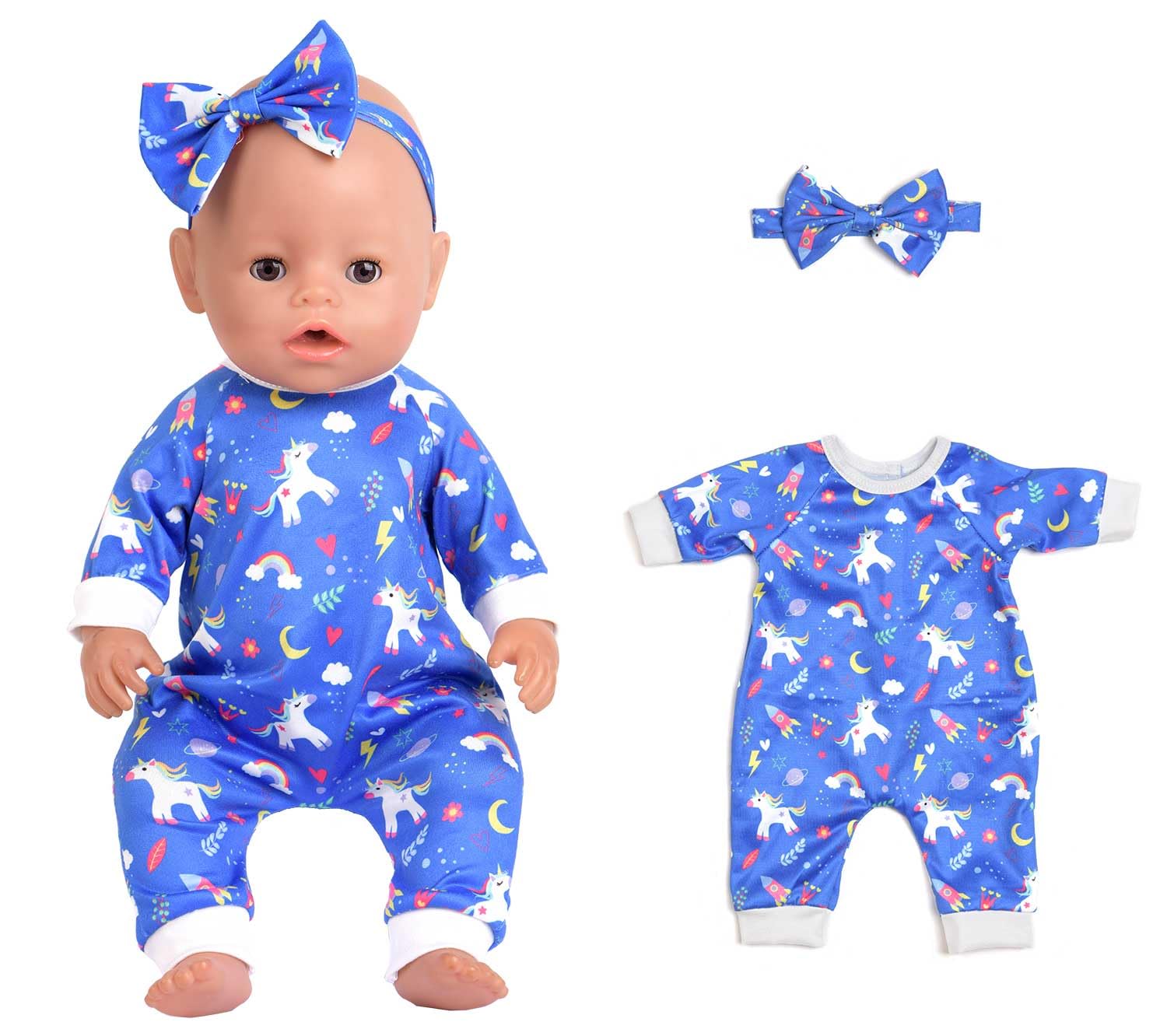 Sweet Dolly pink bunny jumpsuit with matching bow headband for 15-18 inch dolls, cute look.