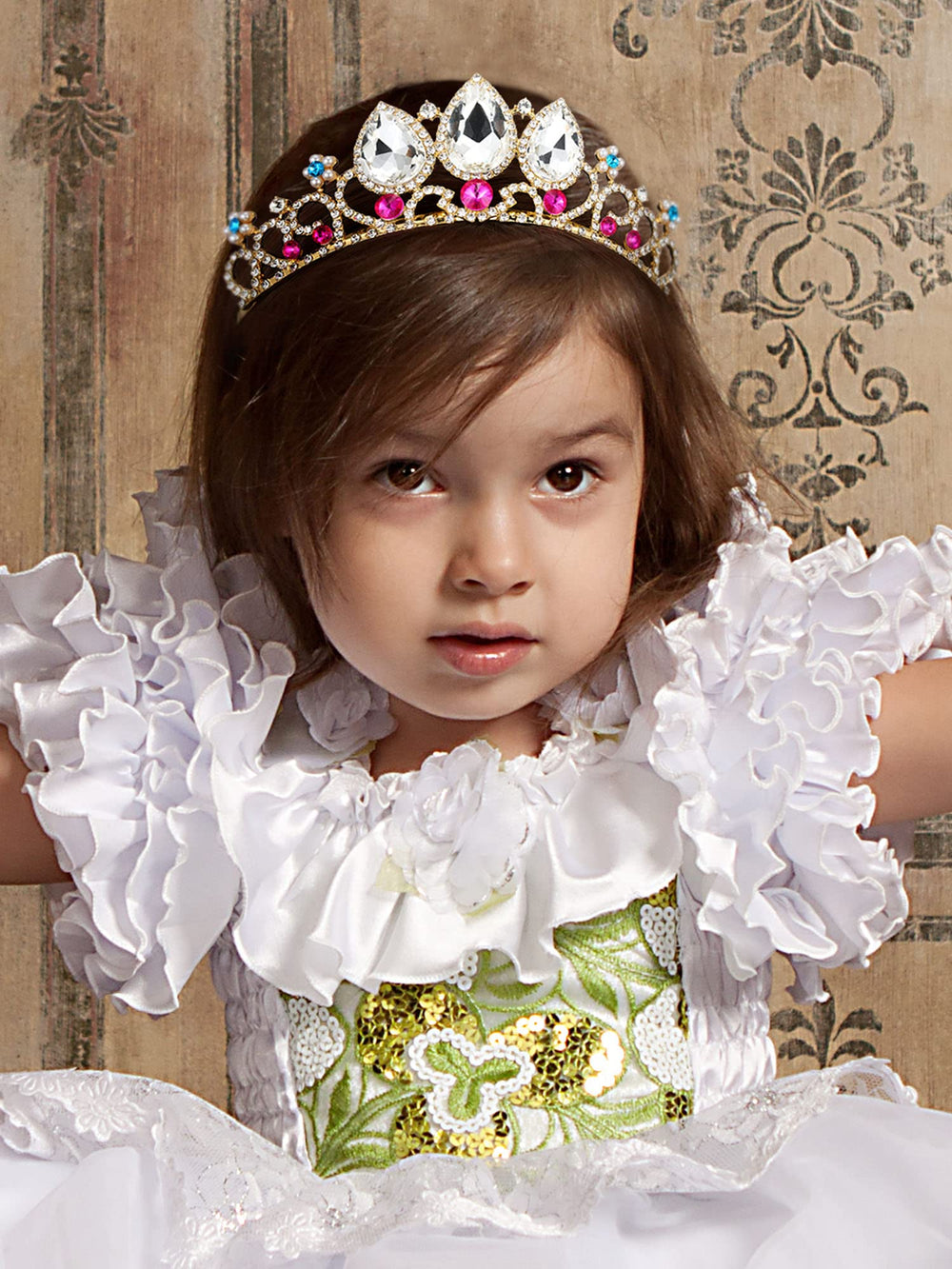 SWEETV Rapunzel tiara side view showing secure, bendable metal for a comfortable fit.