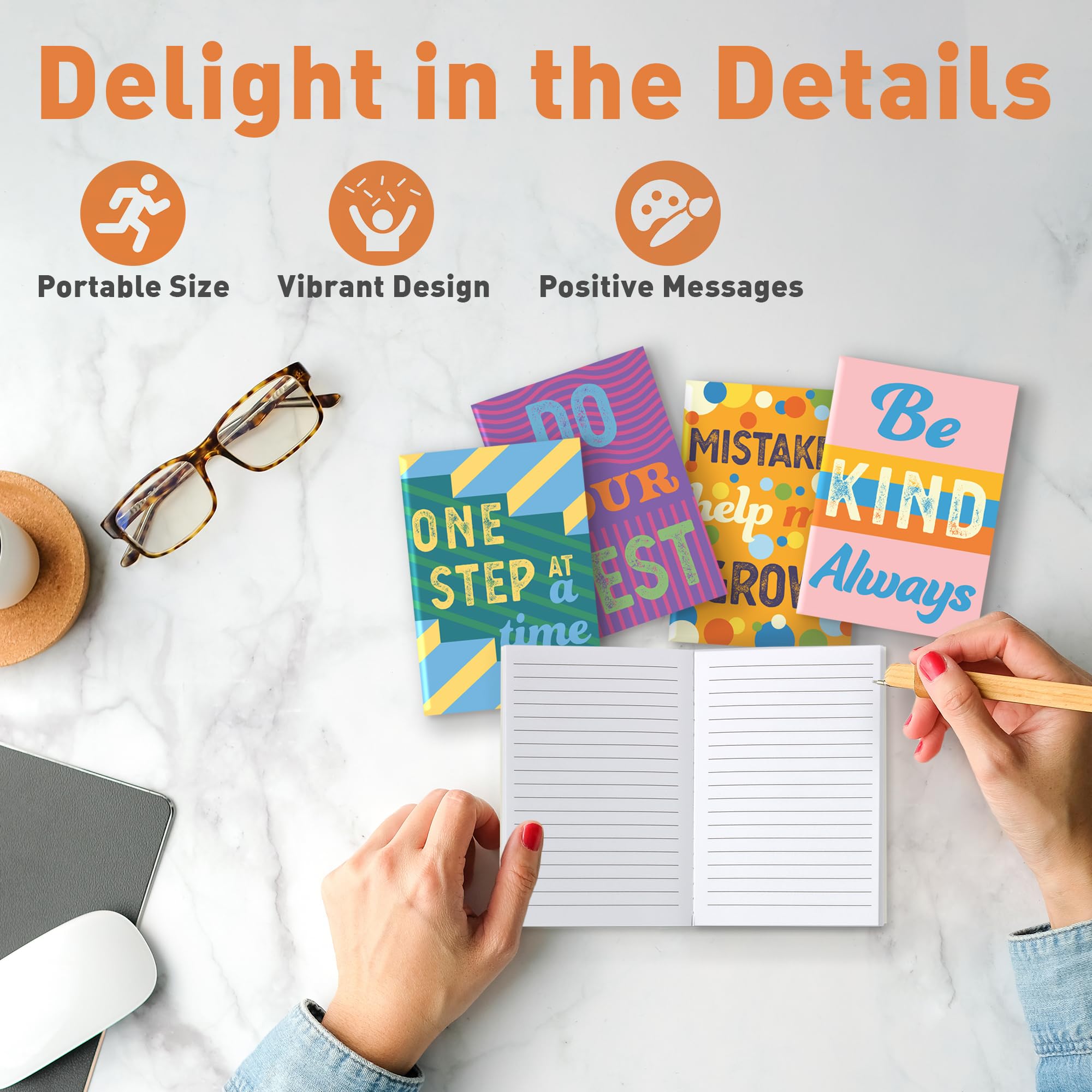 Stacked notebooks illustrate bulk set with two copies per design for sharing.