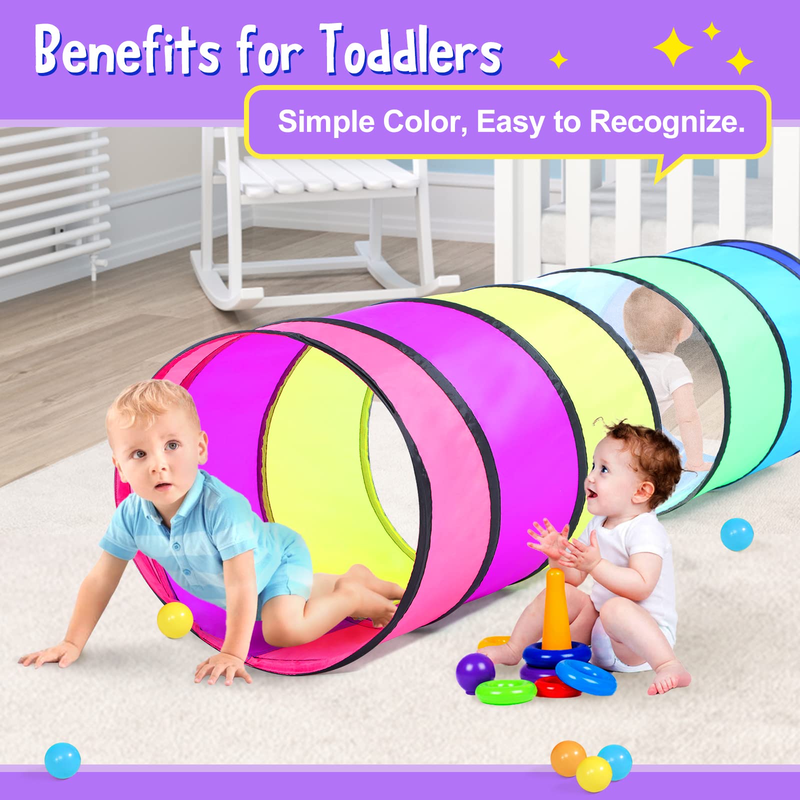 SweHouse rainbow tunnel with pop-up frame for quick setup and play.