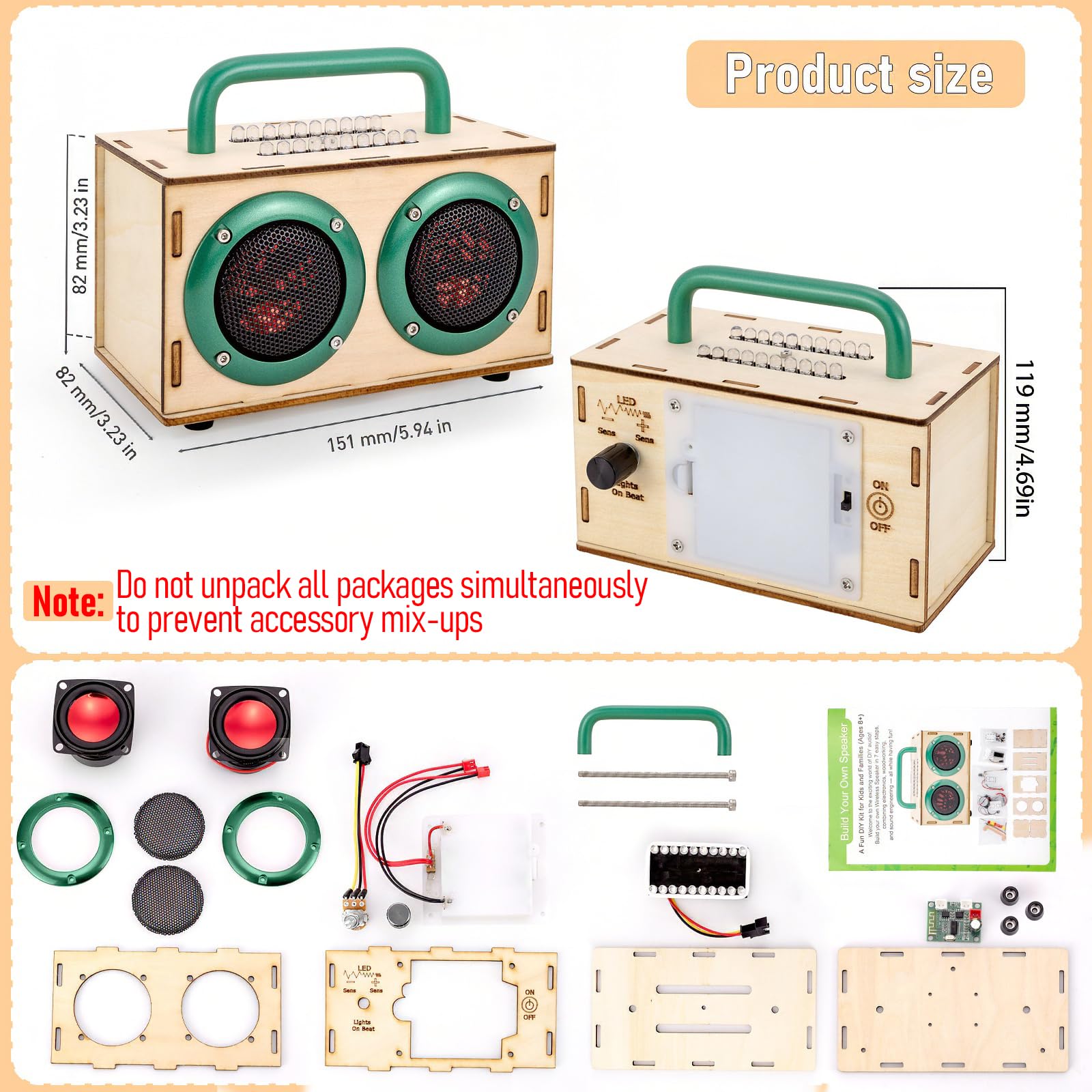 Swhmc DIY speaker assembly steps visual showing easy, solder-free construction.