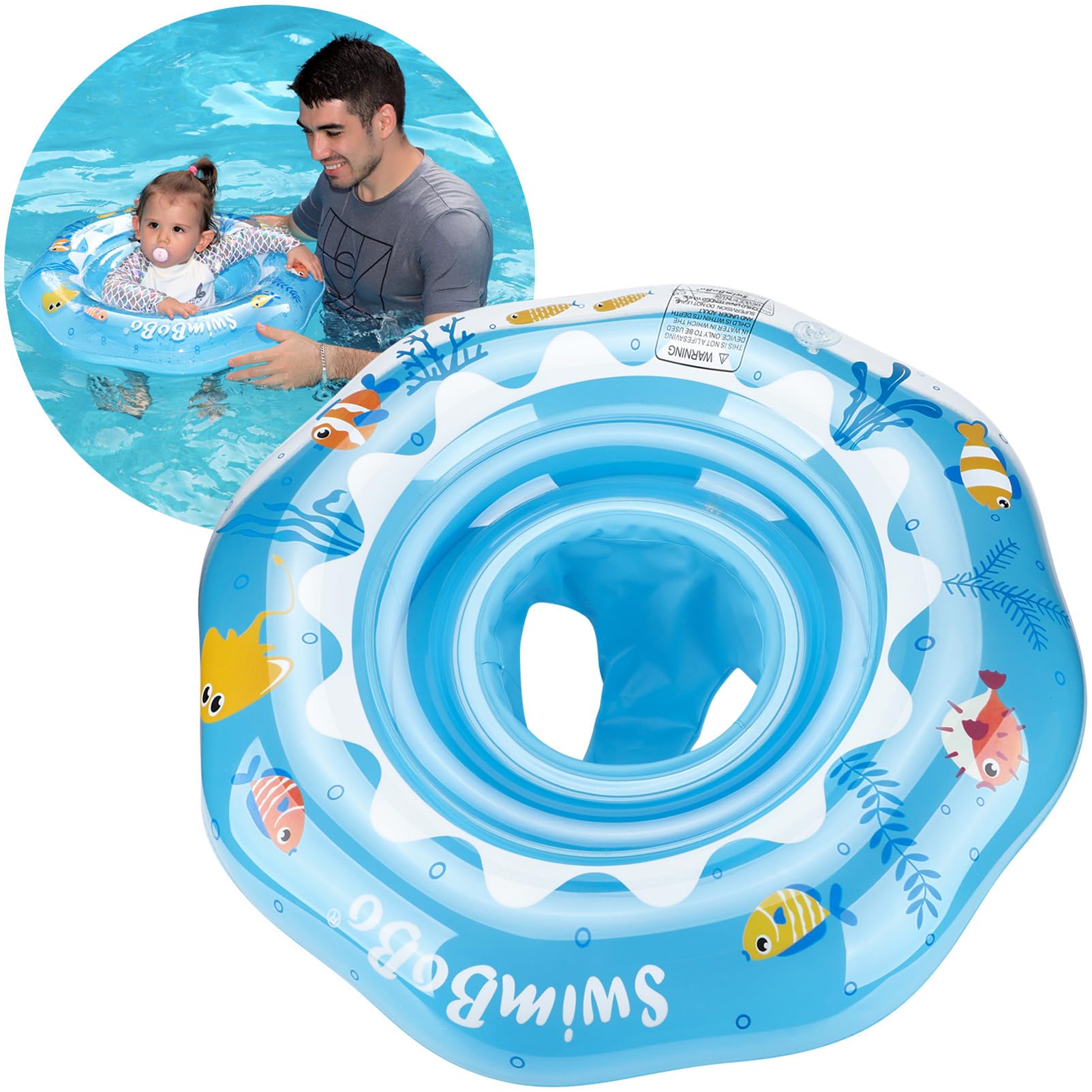 Swimbobo inflatable baby swim float in blue ocean with safety seat.