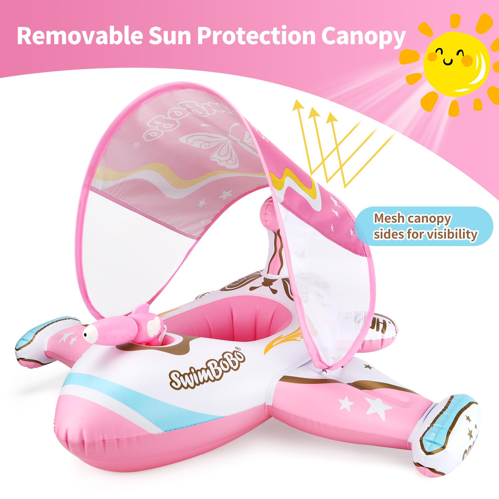 Swimbobo pool float with adjustable sun canopy protects child during play