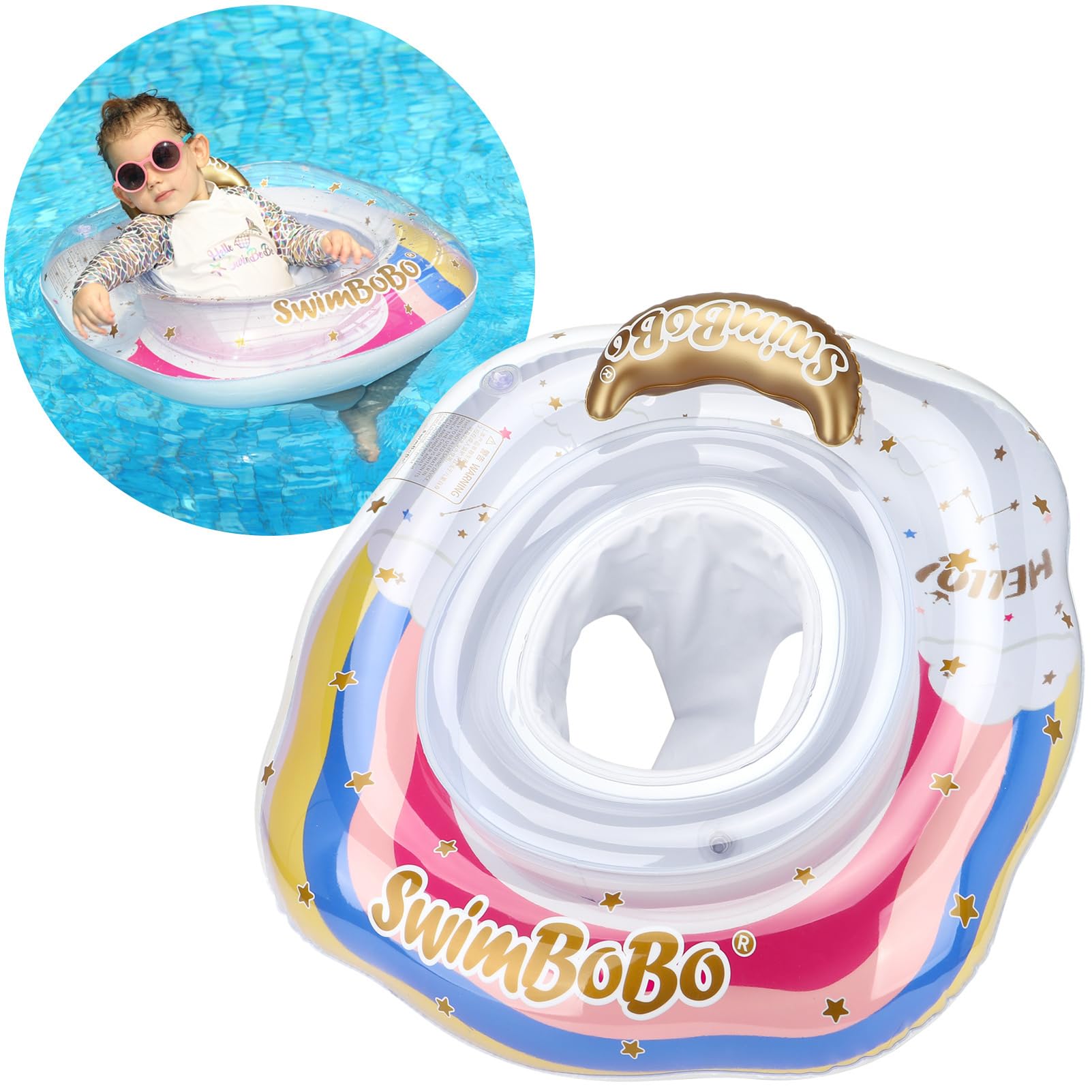 Swimbobo Rainbow baby float with safety seat keeps toddlers upright for pool play.