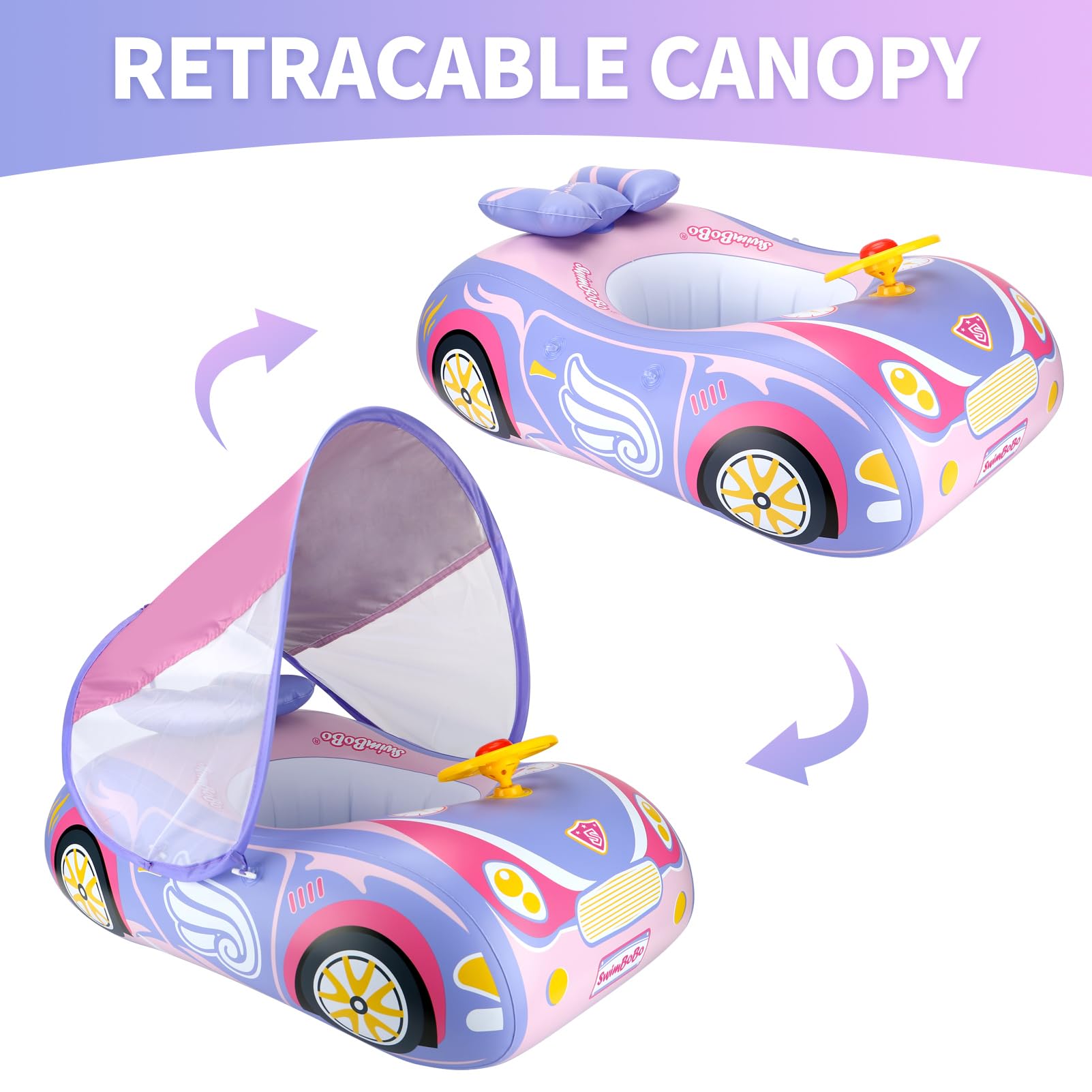 Swimbobo Toddler Car Float canopy extended for shaded pool time.
