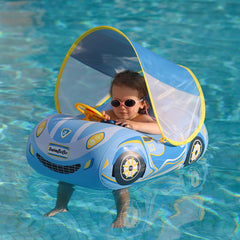 Swimbobo toddler pool float car blue canopy provides shade and sunny-day fun.