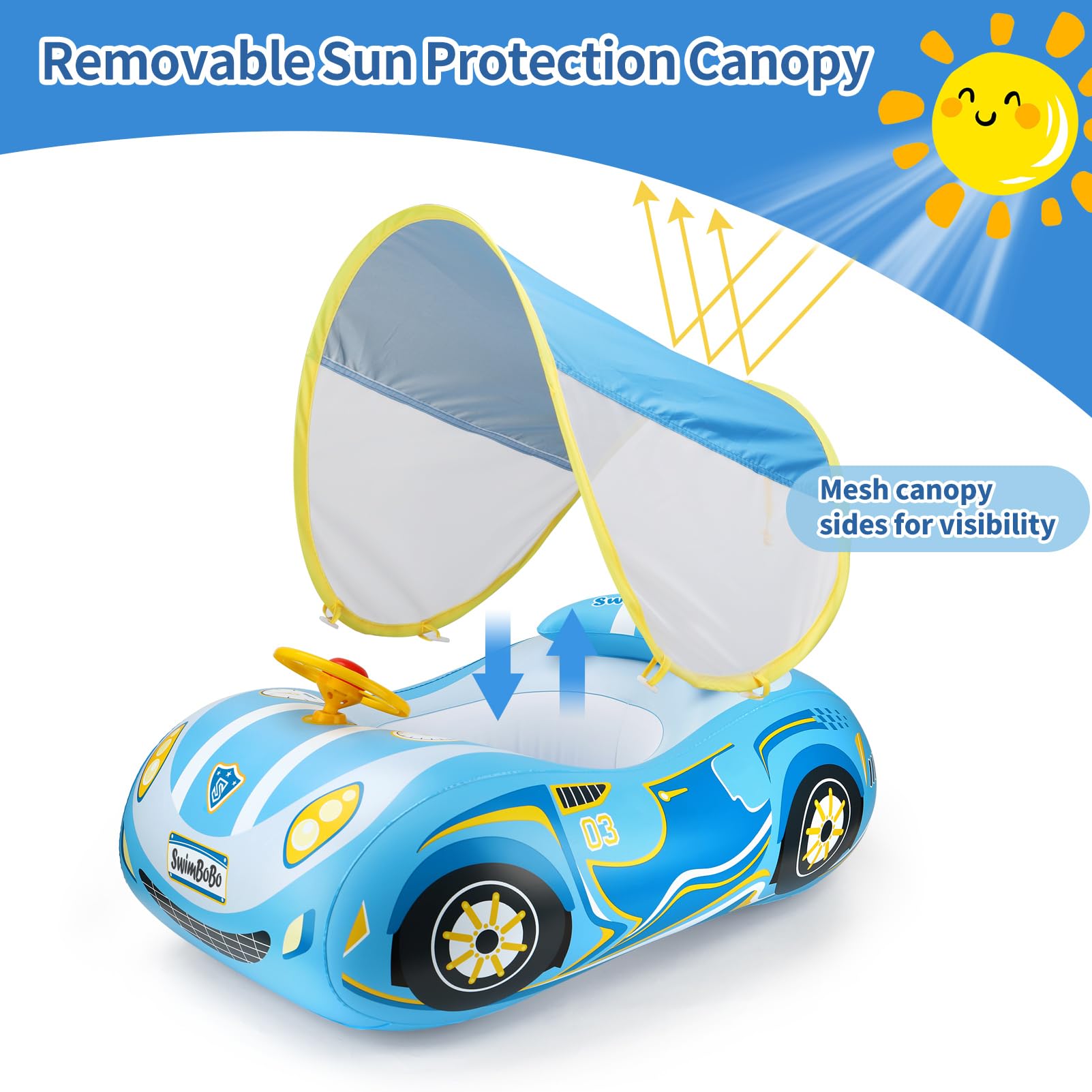 Swimbobo toddler pool float car blue safety seat keeps swimmers secure.