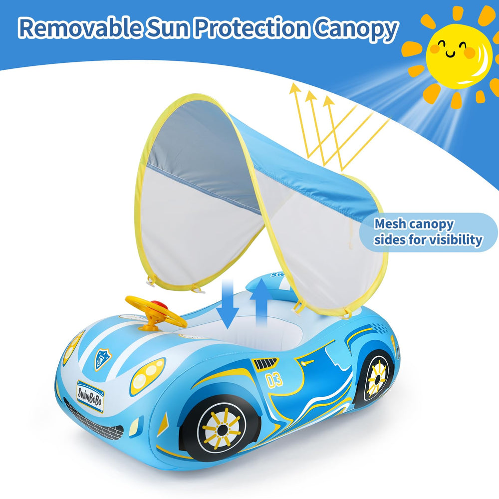Swimbobo toddler pool float car blue safety seat keeps swimmers secure.