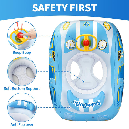 Swimbobo toddler pool float car blue steering wheel adds realistic steering play.