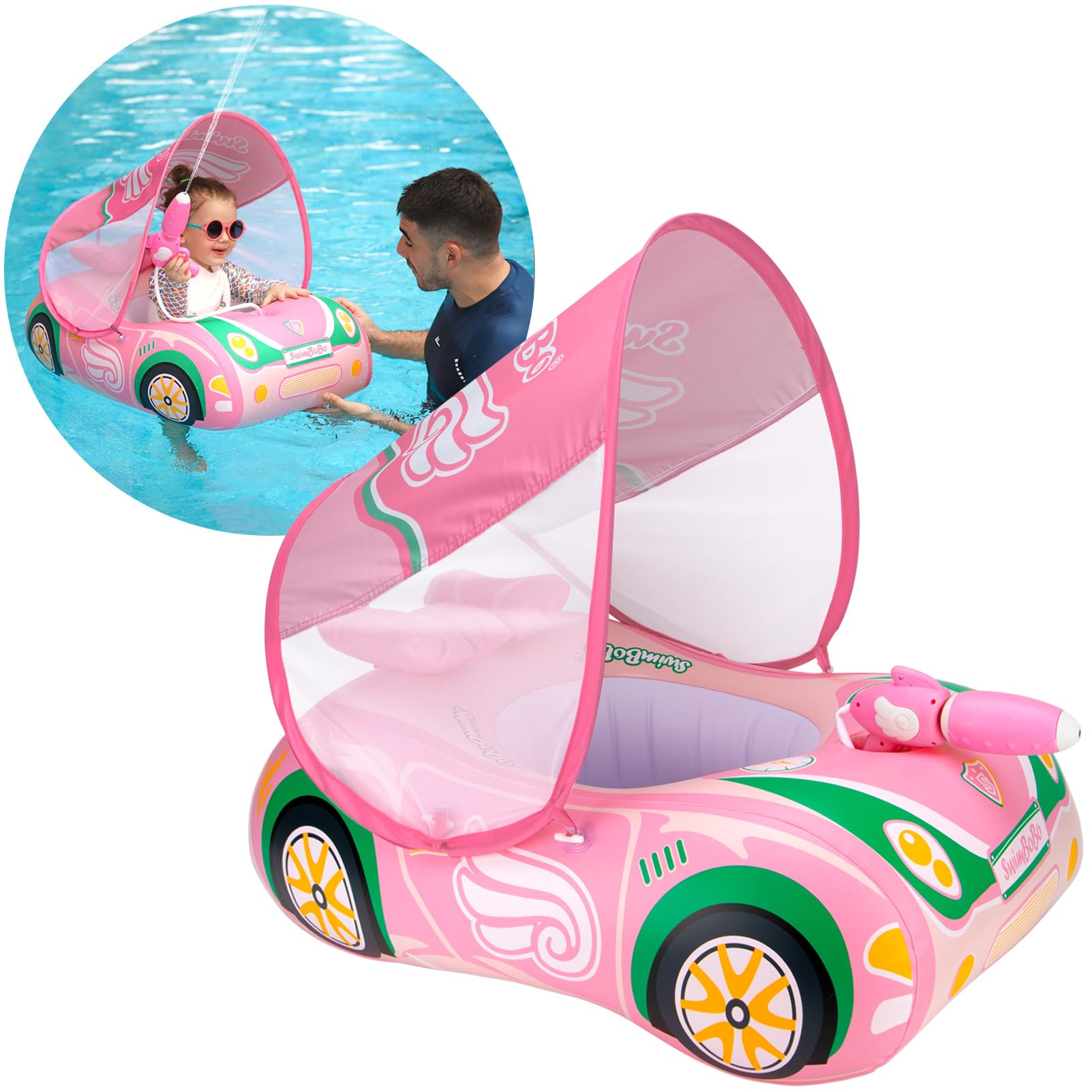 Swimbobo toddler pool float car with sun canopy for shade and buoyant support.