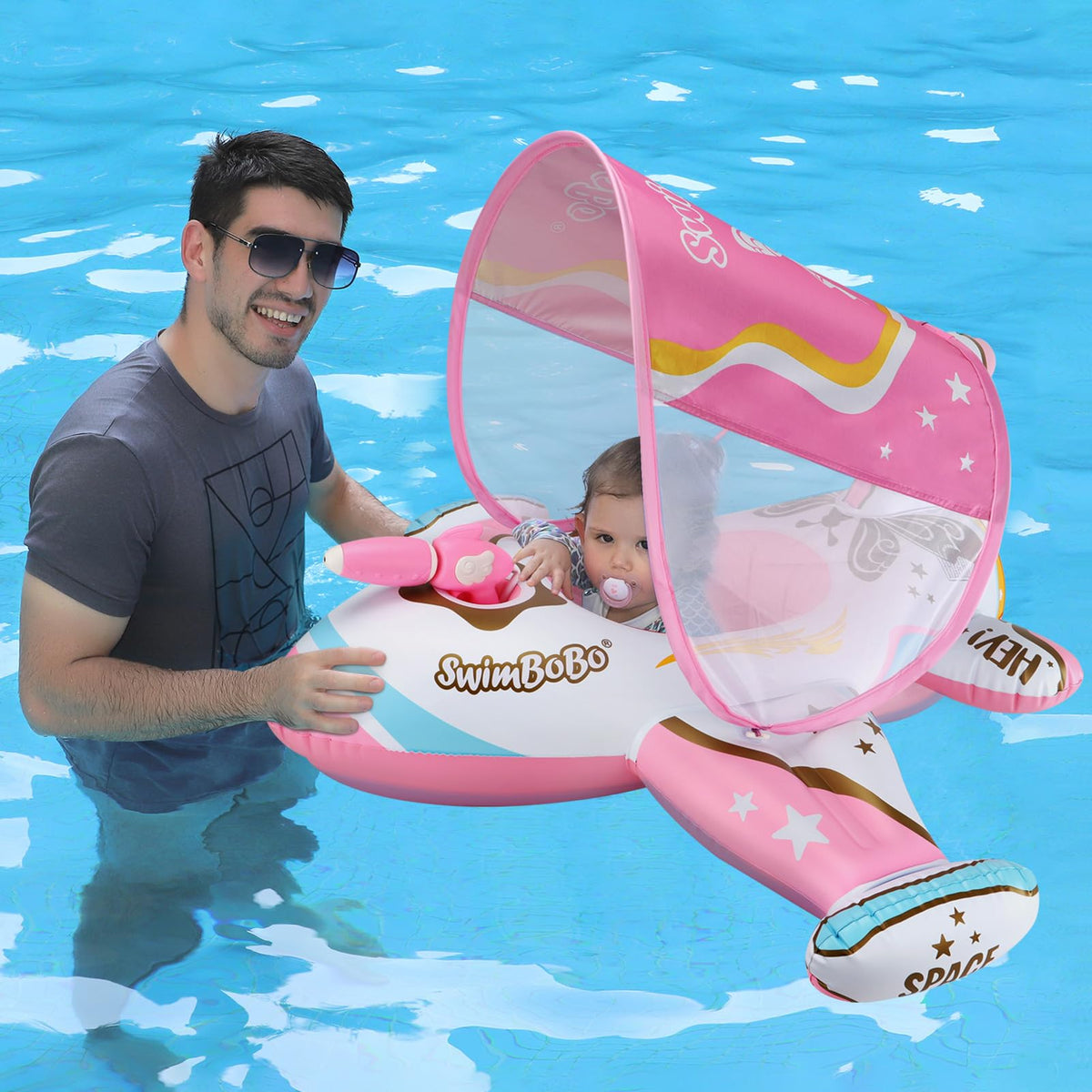 Swimbobo pink airplane toddler pool float with stable design for sunny water play