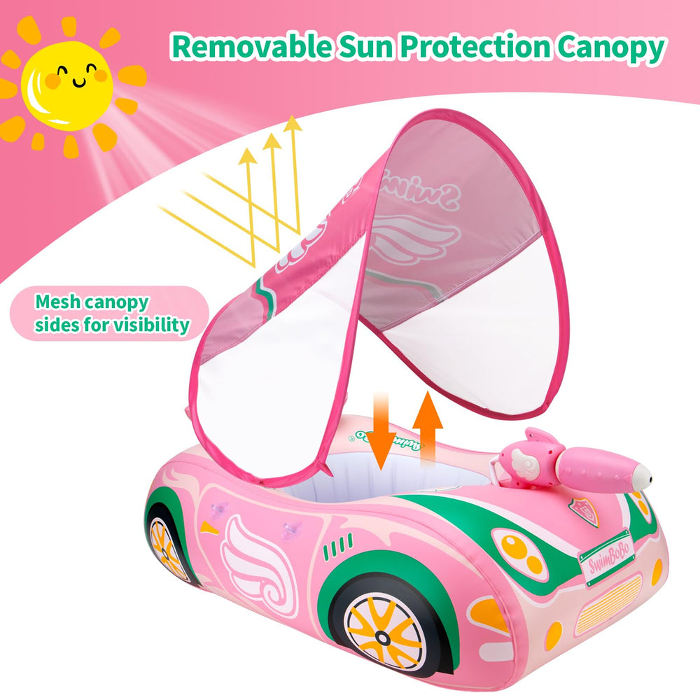 Swimbobo pool float car shows adjustable canopy and steering wheel for playtime.