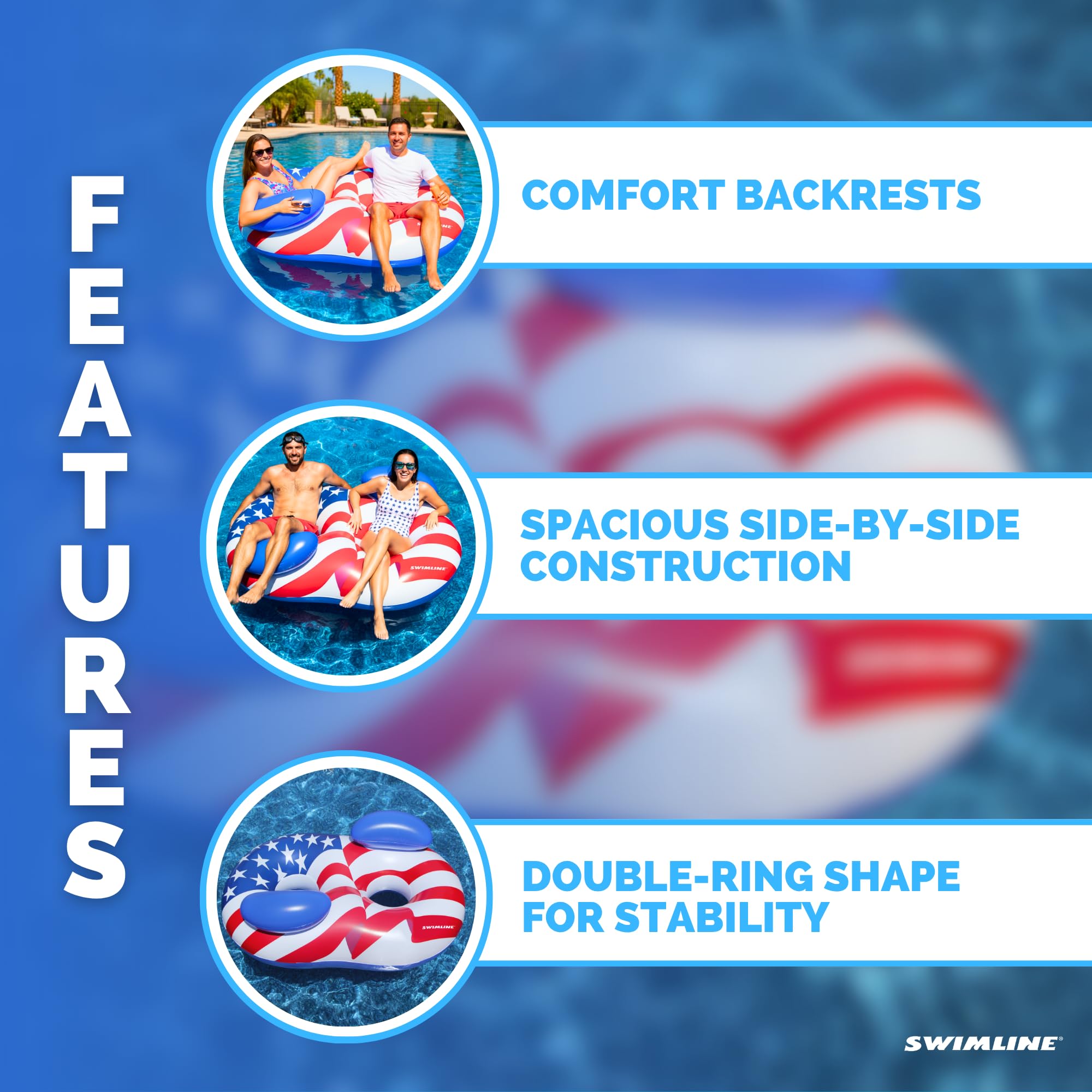 Swimline Americana Conversation Double Ring with dual back rests for comfortable lounging.