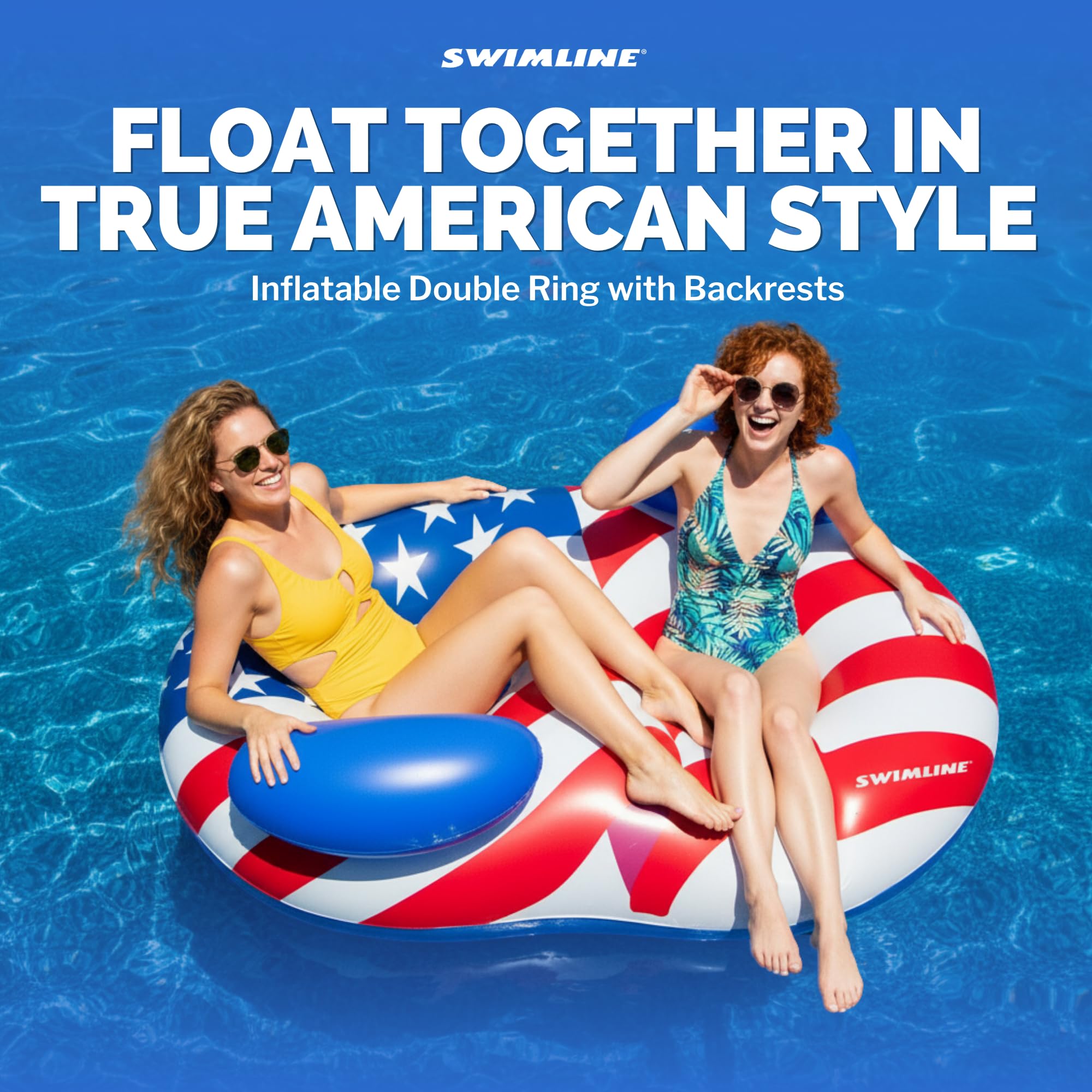 Swimline Americana Conversation Double Ring inflatable lounge designed for conversations with friends.