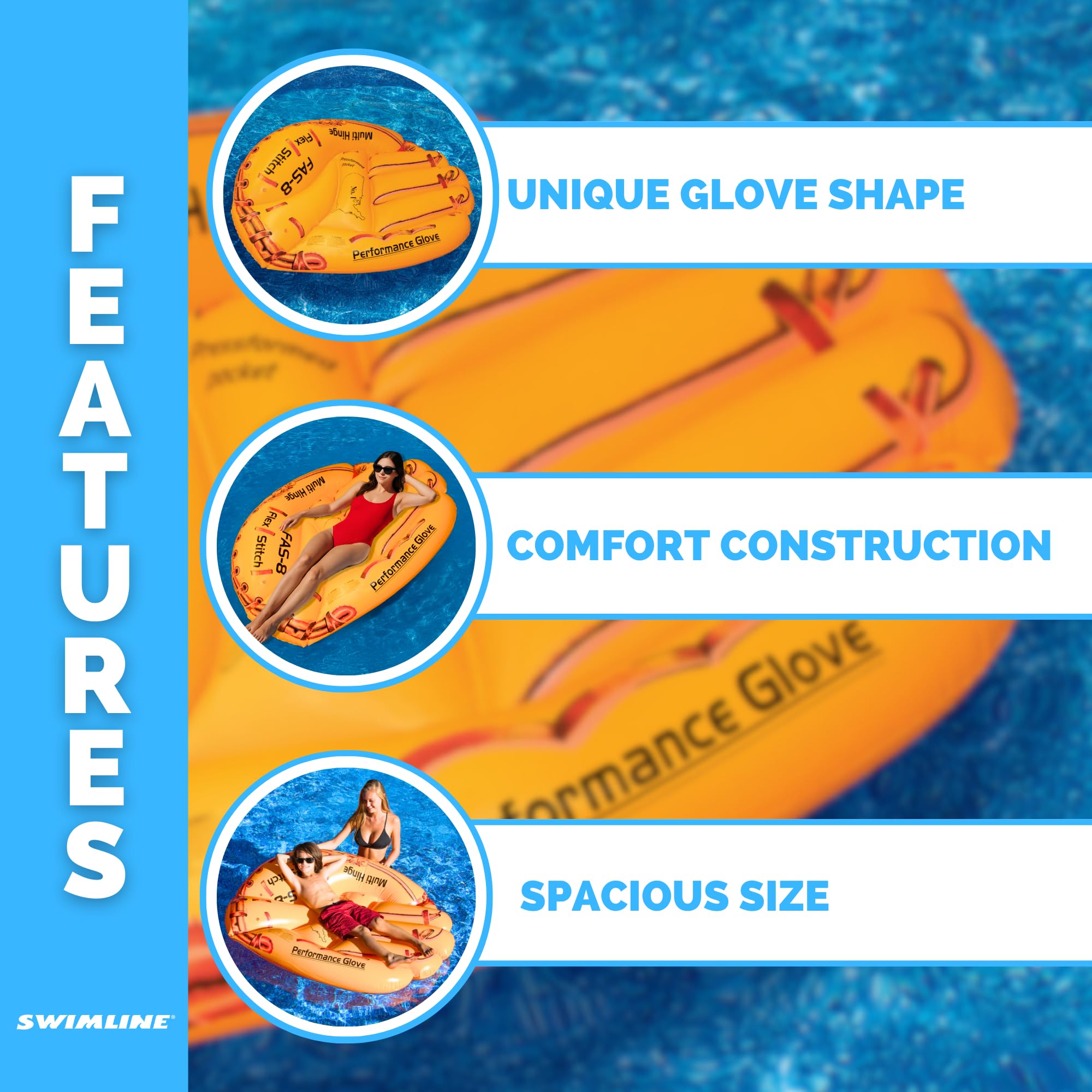 Swimline Giant Glove Float features a realistic design and glove-like detail.