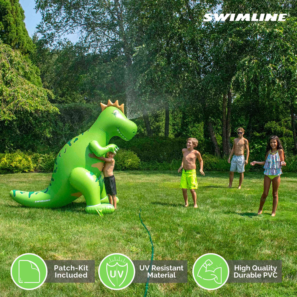 Swimline stakes secure the 7-foot tall sprinkler on soft ground